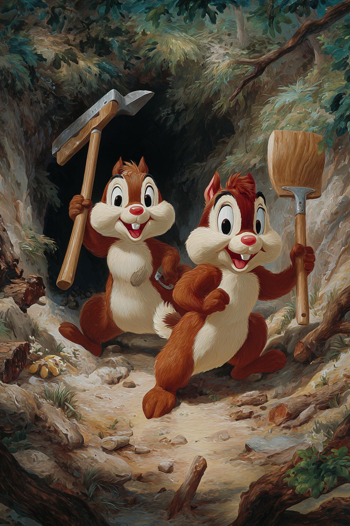 Chip and Dale hurry to help in paws tools Illustration Walt Disney 1985