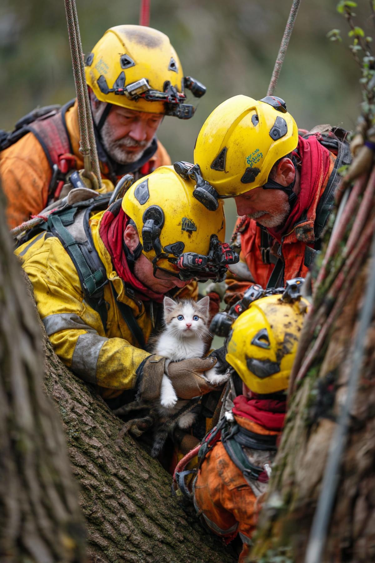 Five rescue workers kind faces trying to save a fluffy little kittens life taking him off the high tree touching scene full colour highly detailed photo quality realistic