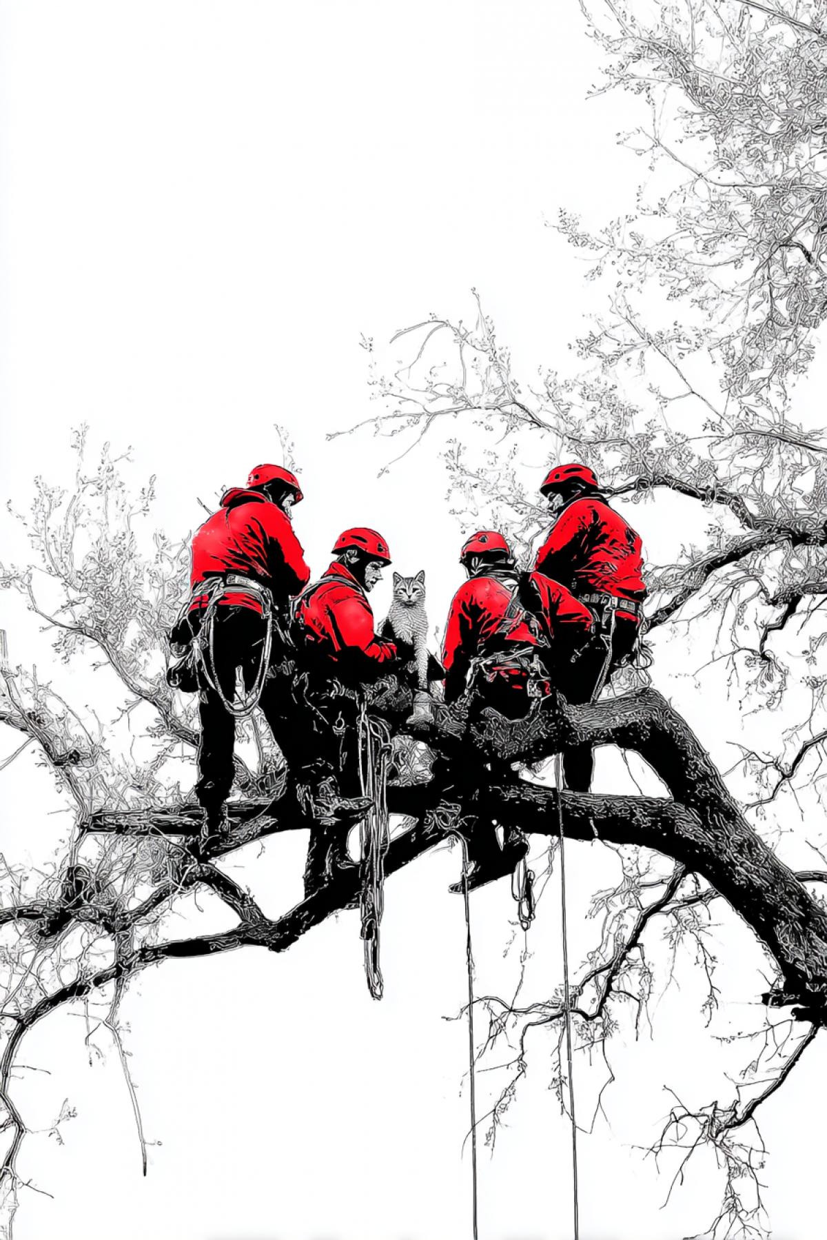 Five rescue workers trying to save fluffy kittens life taking him off the high tree touching scene full colour high contrast art