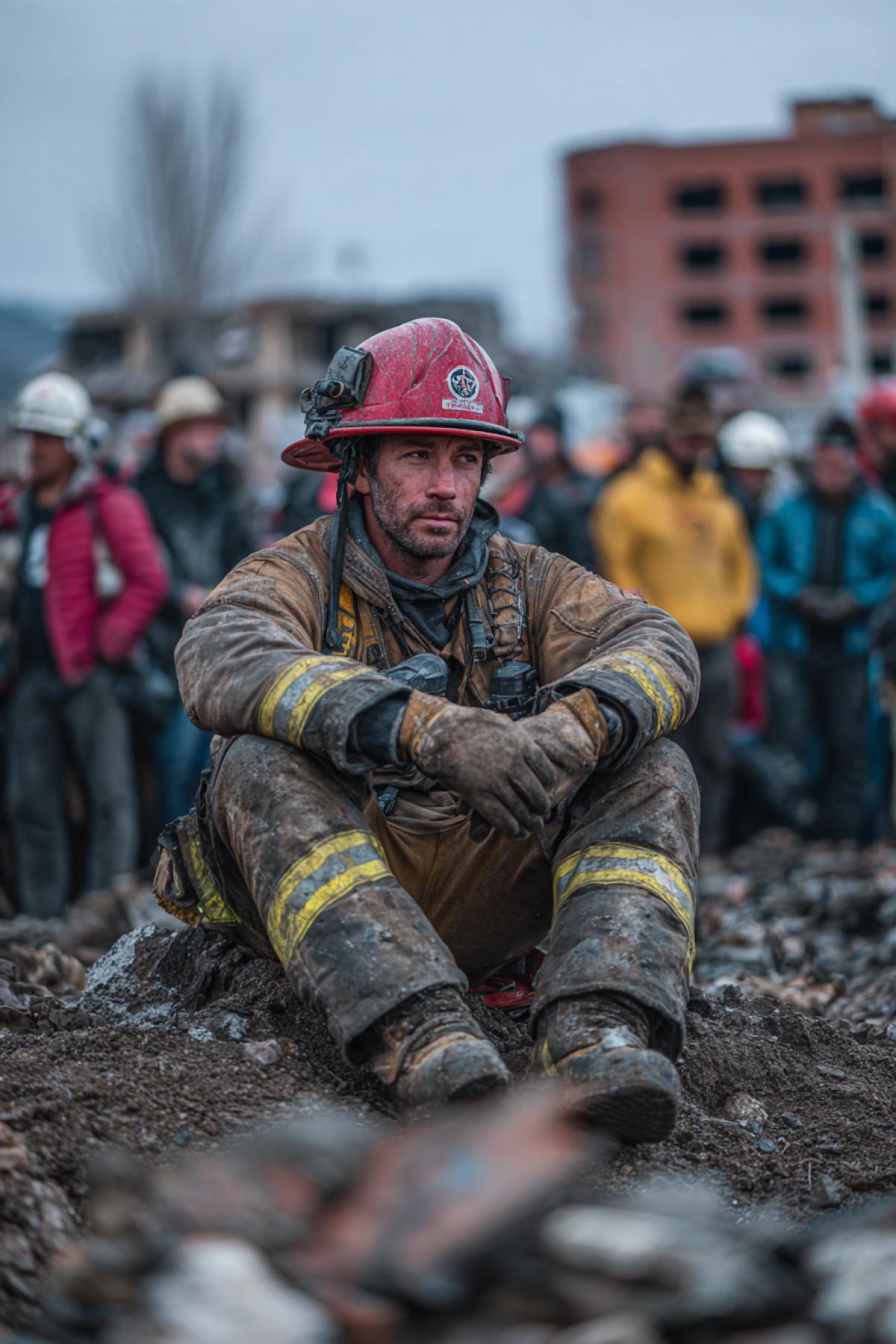 Sick and tired rescue worker sitting on ground near burnt down building surrounded by thankful people saved looking at him