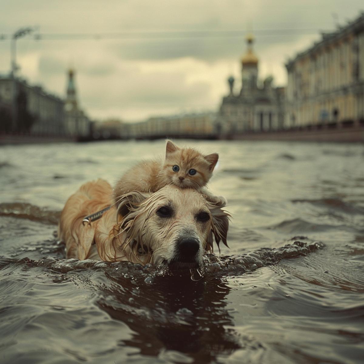 The dog floats along the river, on her back is a wet kitten, salvation. The danger is cinematic. Against the background of St. Petersburg, the flood