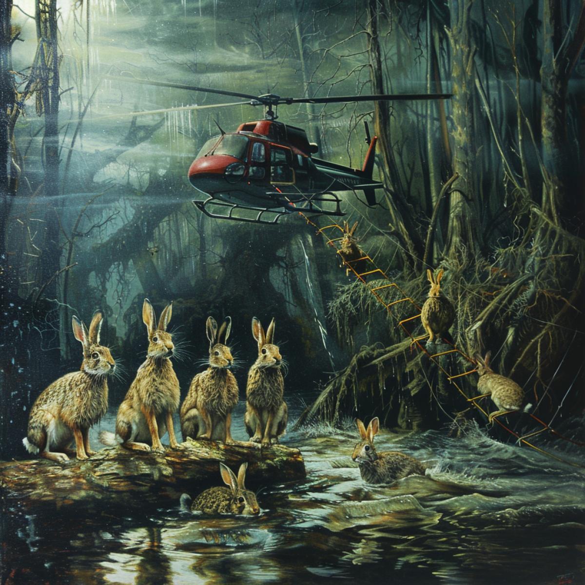 A life helicopter, a helicopter hangs above the flood area, a rope staircase is launched down. 7 frightened hares are sitting on a log swimming in the water, look at the helicopter