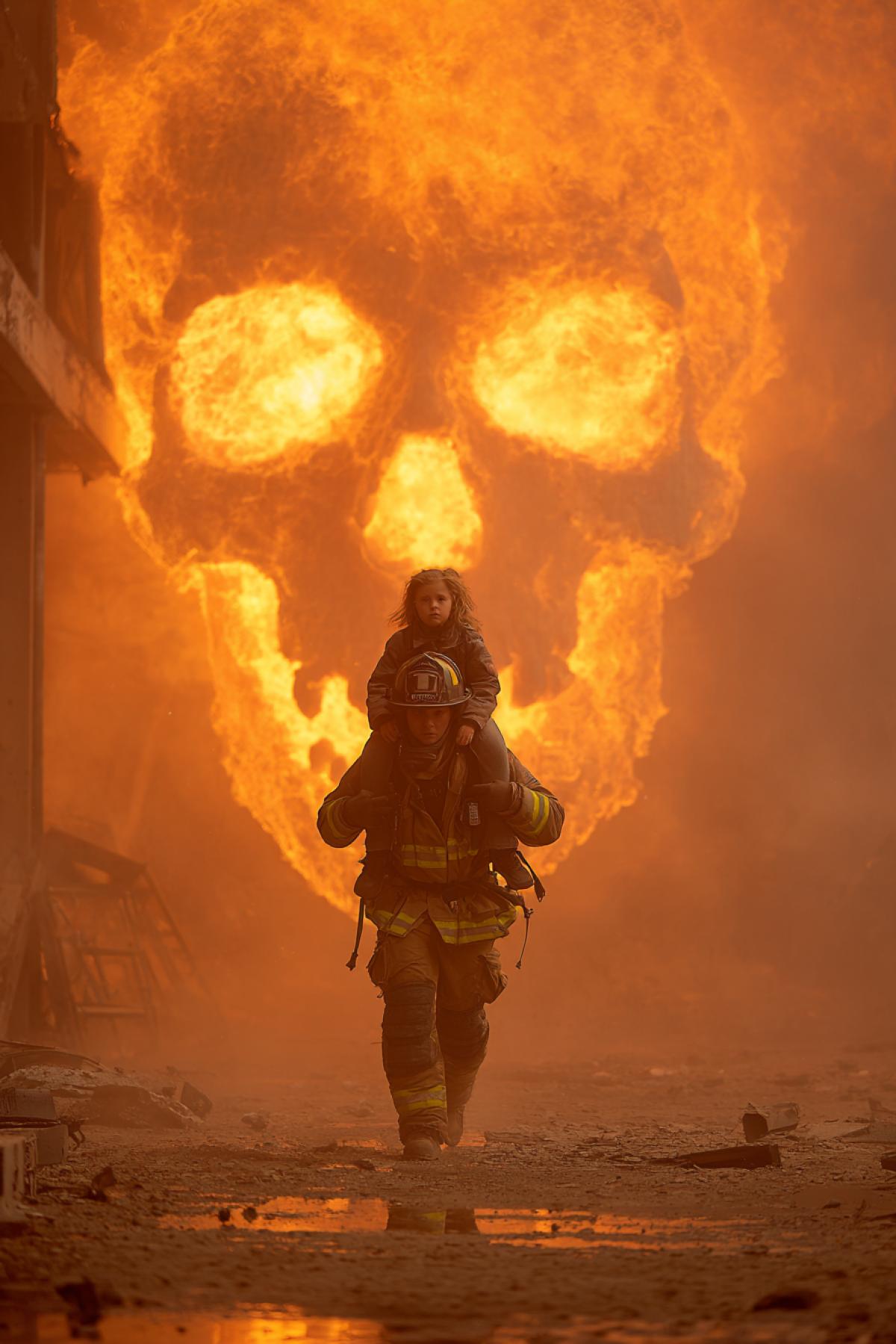A photorealistic moment of salvation: a firefighter in smoked equipment carries on the child’s shoulders through a destroying building. Behind them is a wall of fire taking the shape of a big skull. Drops of molten metal fall from the ceiling, leaving smoking traces on the floor. The life of the rescuer is half hidden by the mask, but the tension of each muscle is visible. In the eyes of the child a reflection of the burning cross from the beams. Removed on Sony A7S III with high ISO, style: documentary action