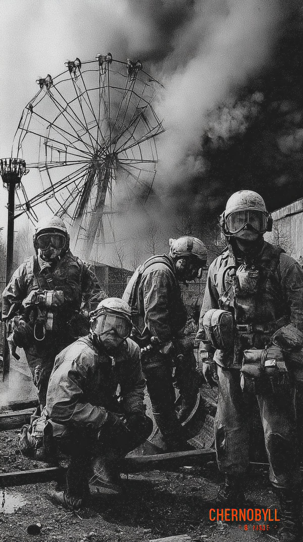 Chernobyl NPP rescuers, dark-and-white photo, 1986, text below \" CHERNOBYL \"