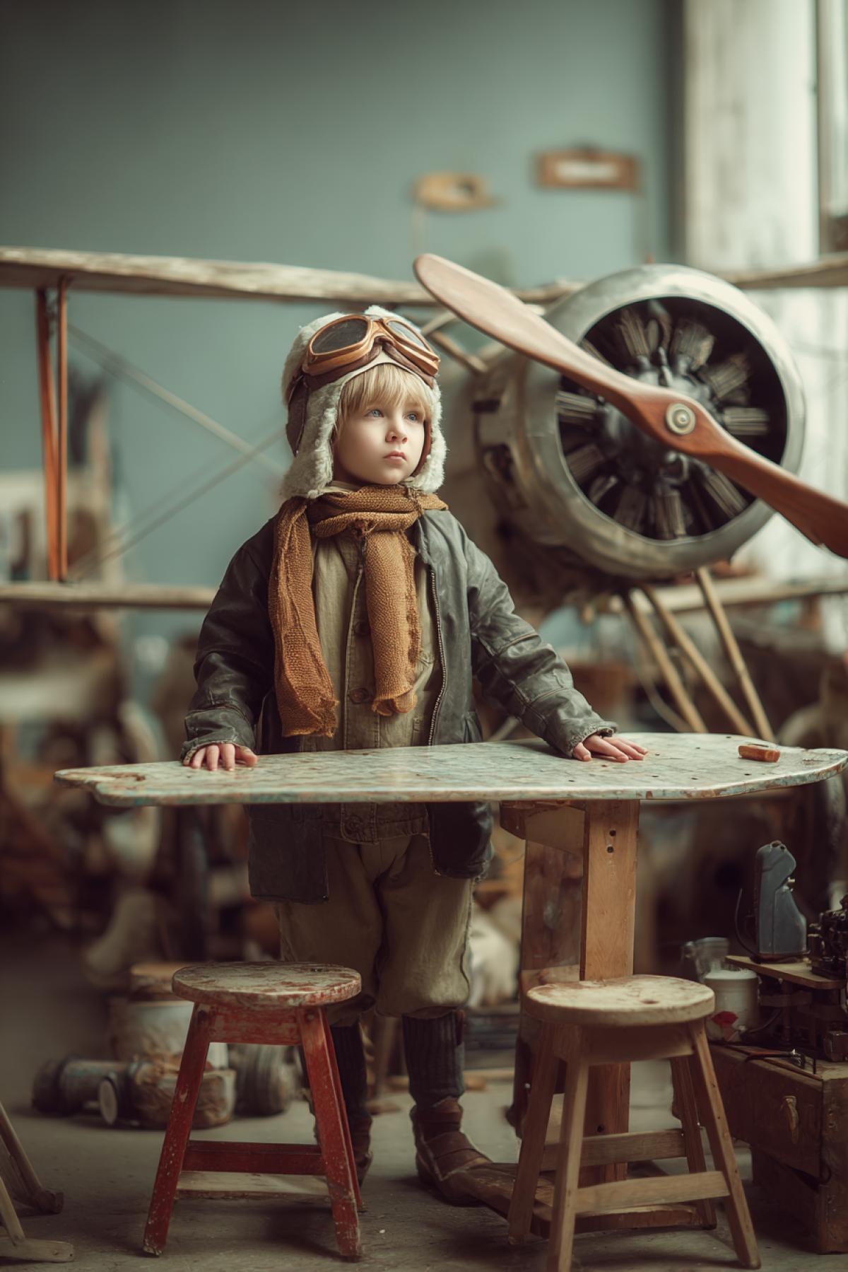 In kids room the 6yo serious boy has built the real big airplane of ironing board as wings big fan propeller as engine and several stools hes wearing pilots helmet leather jacket and long scarf he is going to take off colour detailed photo