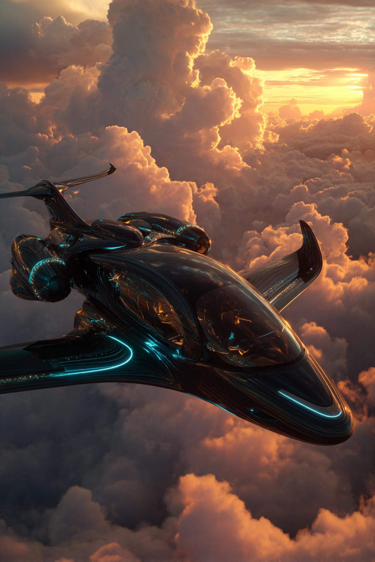 A ultra-luxury futuristic private jet with sleek dark carbon fiber and glowing neon blue accents, flying over a vibrant sunset sky with dramatic clouds, hyper-detailed, cinematic lighting, 16K unreal engine render, aerodynamic design with morphing wing technology, panoramic cockpit glass reflecting golden light, masterpiece trending on ArtStation