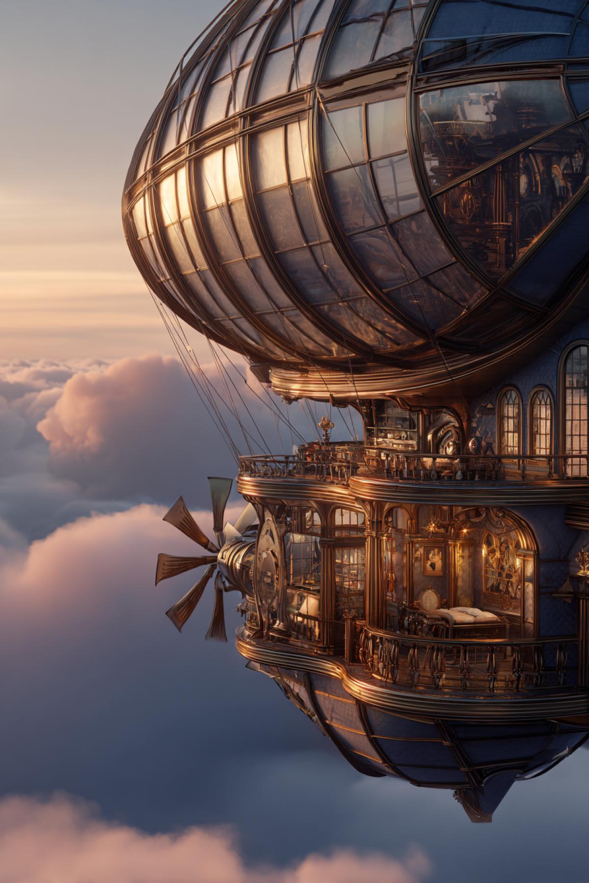 An extravagant steampunk private airship with brass and copper details, big rotating propellers, 4k mechanical gears, Victorian luxury interior visible through large windows, flying through misty clouds at golden hour, intricate design, hyper-realistic, cinematic com4k, Jules Verne meets modern aviation, 8K octane render
