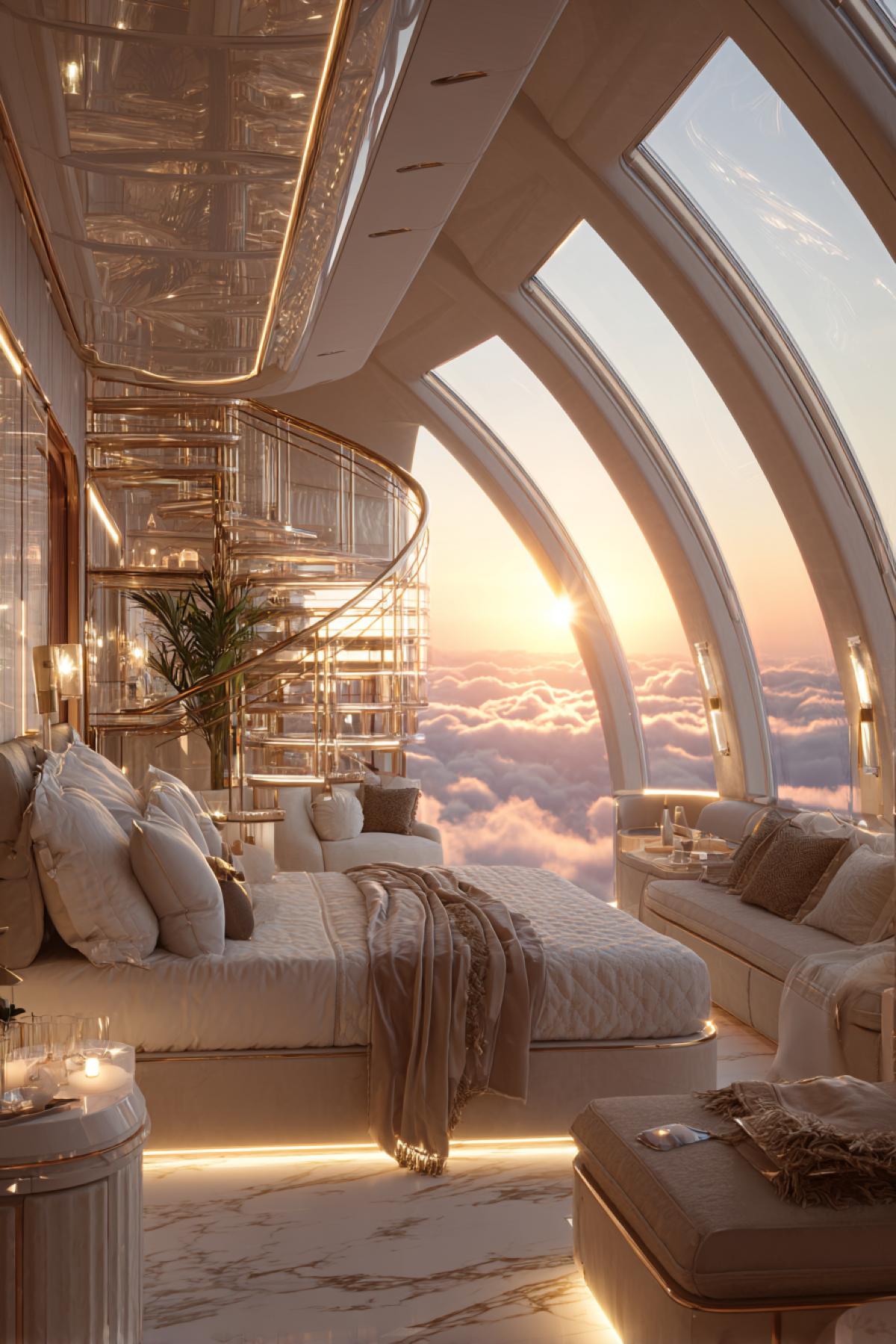 A breathtaking private jet interior designed like a 5-star hotel suite: king-size bed with silk sheets, gold and white marble finishes, floor-to-ceiling windows showing clouds below, glass spiral staircase to lower lounge, champagne bar with diamond-encrusted bottles, Art Deco meets futurism, soft sunset lighting, ultra-detailed 12K realism, cinematic com4k, Vanity Fair luxury style