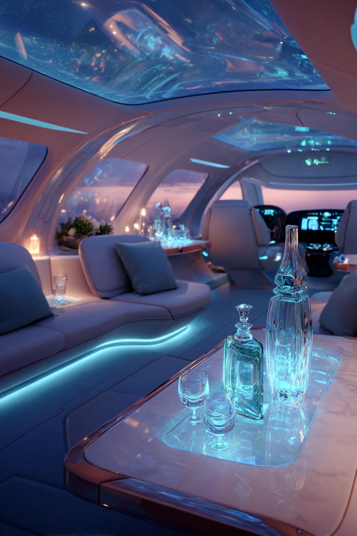 Ultra-luxury futuristic private jet interior with panoramic curved glass ceiling luxury the sky, holographic controls, floating leather seats with ambient neon lighting, marble and carbon fiber surfaces, AI-powered smart cabin with morphing furniture, crystal decanter and glasses glowing in soft blue light, hyper-realistic 16K render, cinematic sci-fi atmosphere, like a spaceship from a billionaires dream