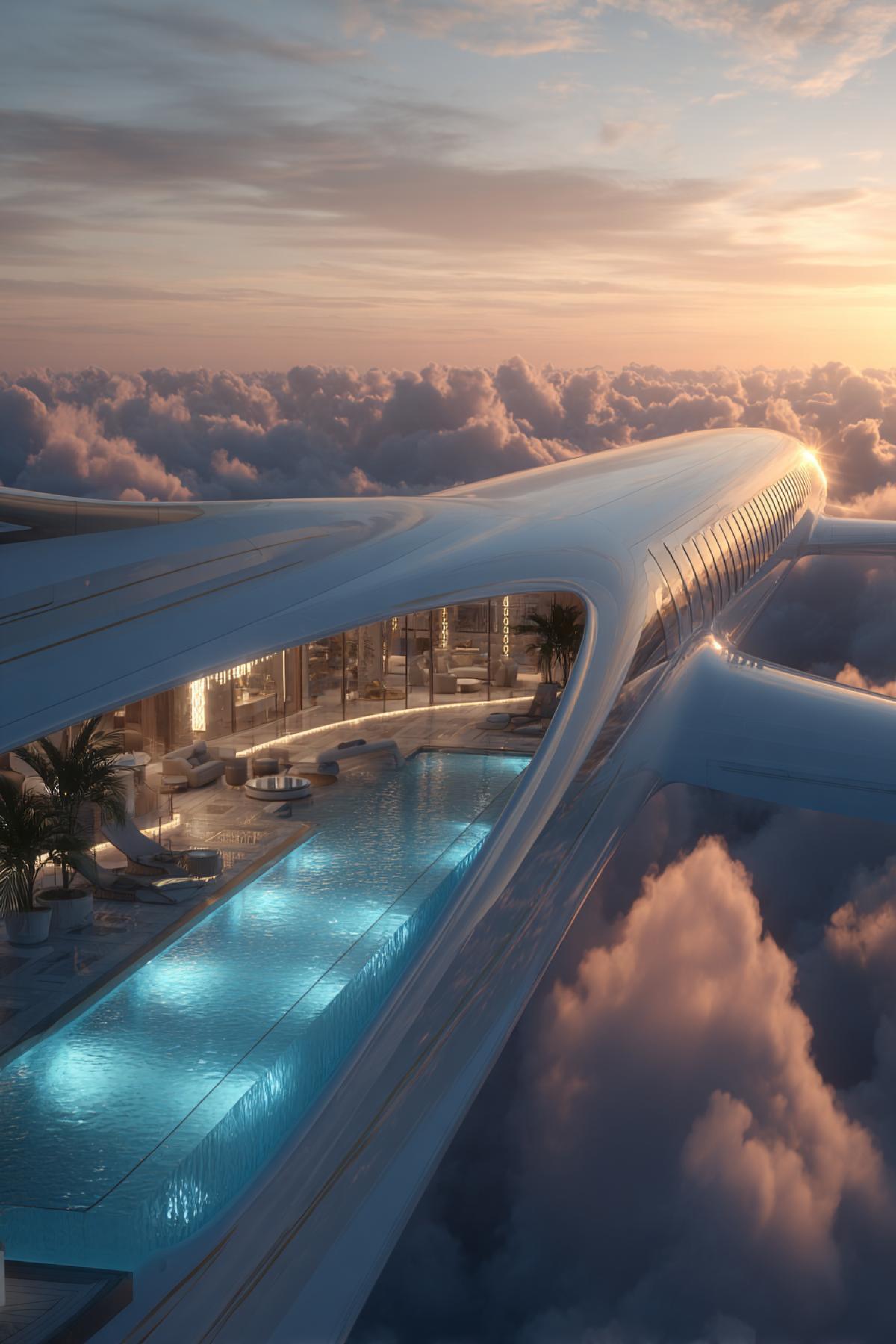 A colossal private jet designed like a modern billionaires mansion: two-level open deck with infinity pool on the wing, glass-bottom observation lounge, exterior in white gold and smoked glass, flying over the Maldives at dawn. Palm trees on the upper deck, ambient lighting, water cascading from the pool edges into the clouds below. Ultra-luxury, hyper-realistic 12K, cinematic drone shot, Architectural Digest meets aviation fantasy.