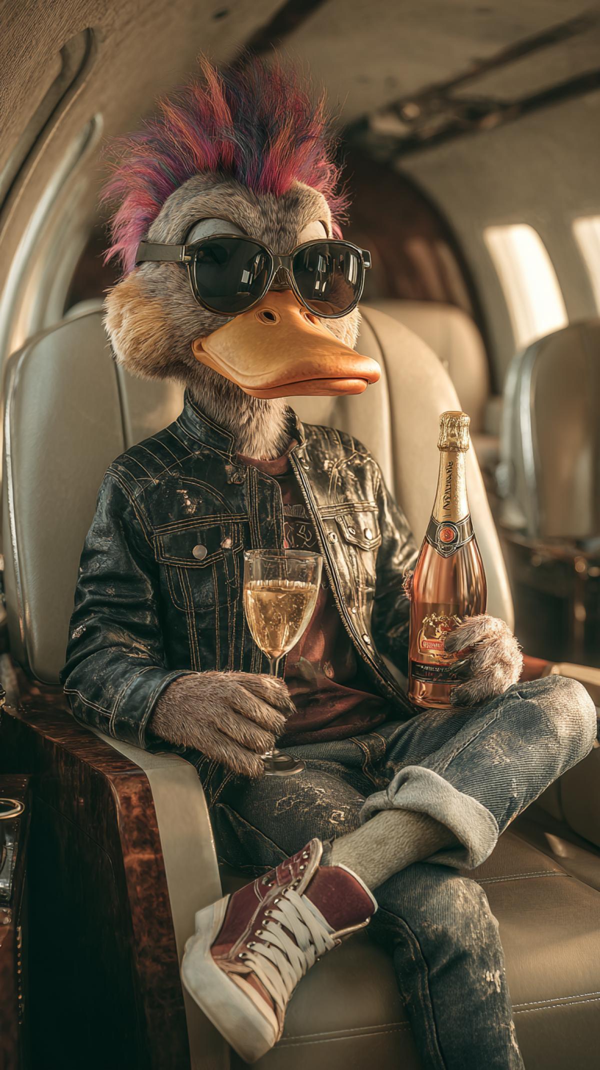 A photograph of anthropomorphic duck with multicolored hair and, sunglasses, sitting in a private plane and drinks champagne. The duck wears a leather jacket, a dark shirt, jeans and sneakers. The image is photorealistic, with cinematic lighting, with detailed features of the face. The shot is the type of the whole .
