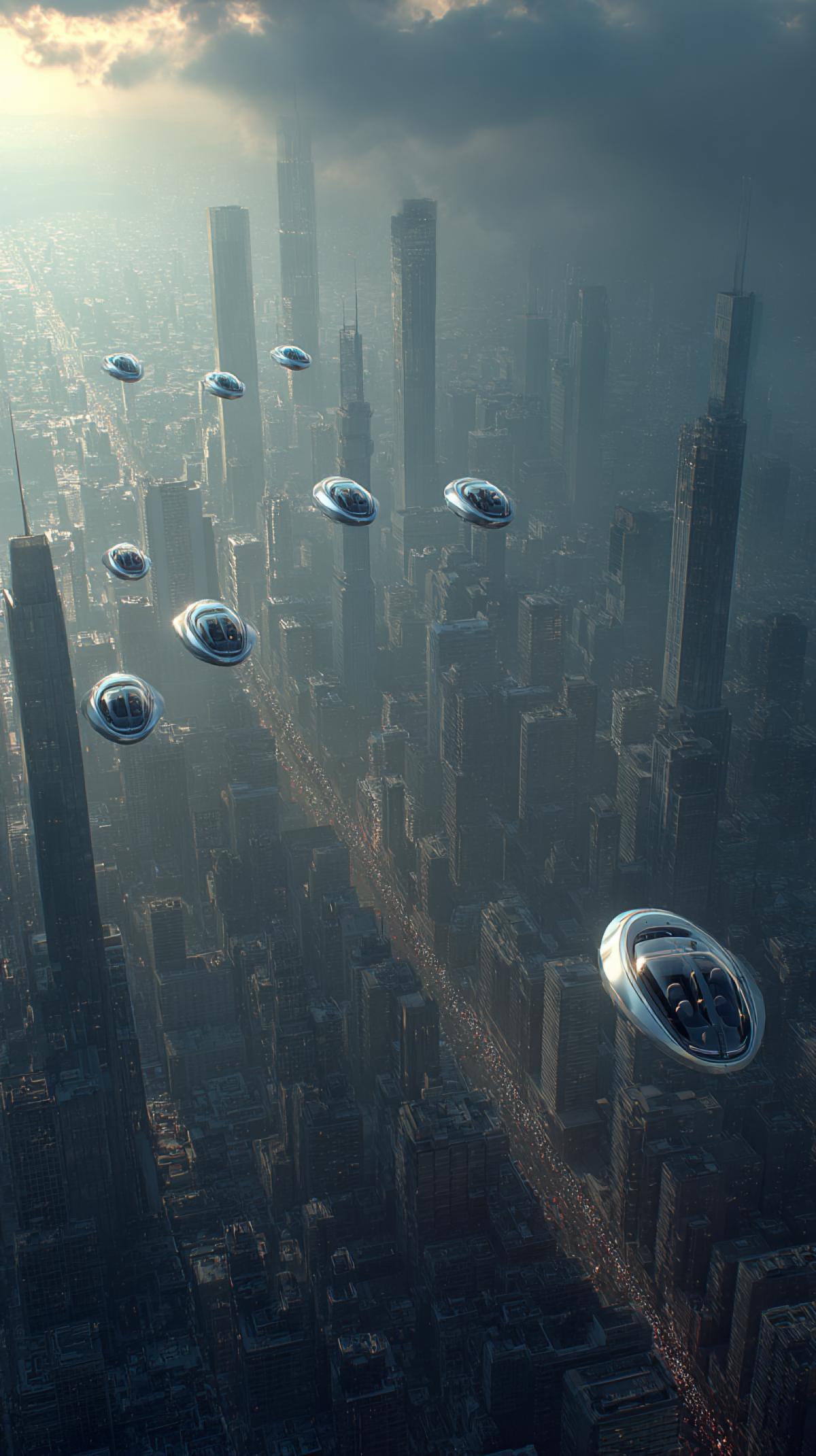 By 2075, urban mobility has transcended traditional. roadways. Enter personal sky pods-autonomous. aerial vehicles engineered for short to mid-range. intra-city travel above congested infrastructure. These. Al-driven pods utilize anti-gravity propulsion and. skyway navigation systems to deliver a seamless. commuting experience through the upper atmosphere.. As cities rise vertically and roads become obsolete, this. airborne transit system exemplifies the next evolution. in personal mobility.