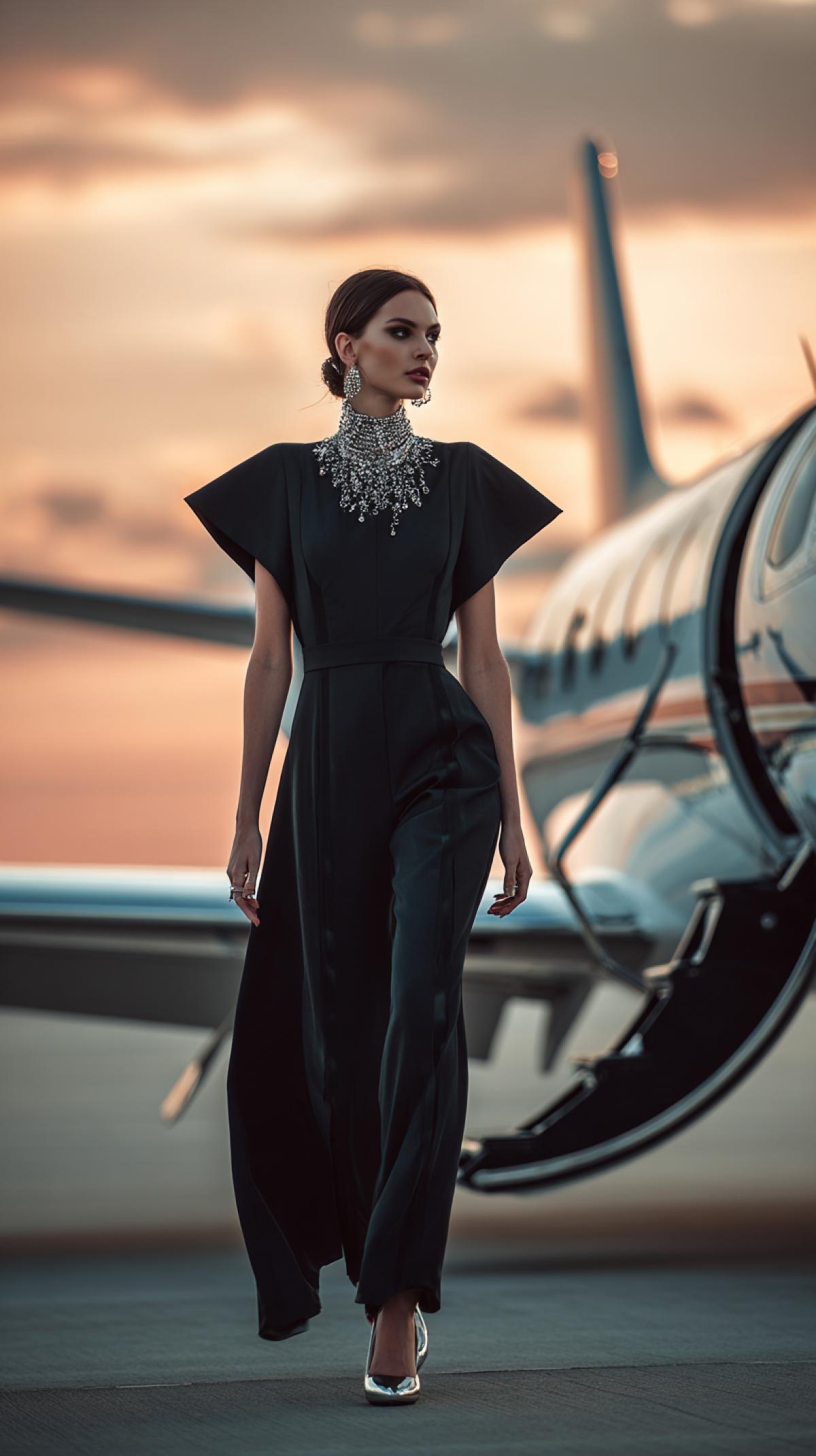 A photograph for a high fashion magazine, in which a model. in evening twilight steps out of a private plane. The model is wearing a futuristic charcoal-colored. jumpsuit with high shoulders, wide trousers and. spectacular silver jewelry. Neutral-colored heels with. architectural design complete the look. Soft neon. glare on the metal car , pale peach sky behind. refined retrofuturism in editorial tone.