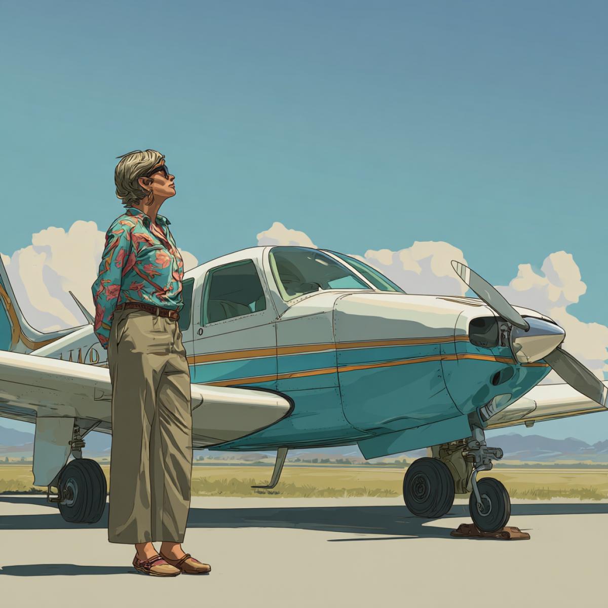 A motherinlaw next to her own plane before the flight
