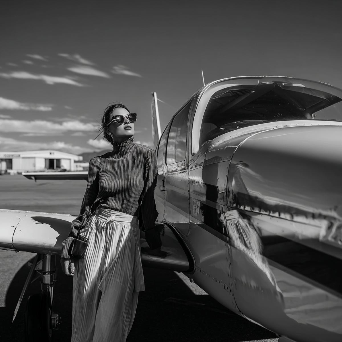 A motherinlaw next to her own plane before the flight