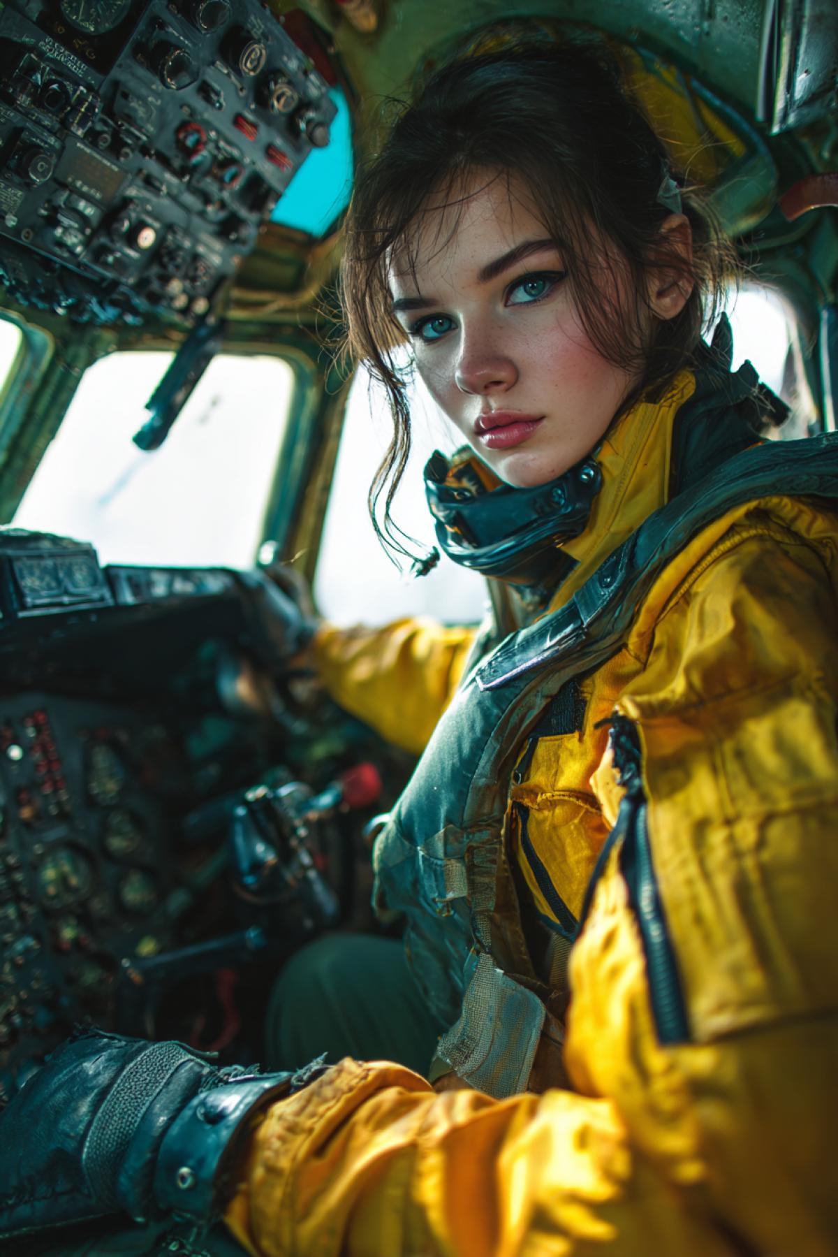 Beautiful girl pilot of the aircraft, sit at the stitching of a fighter