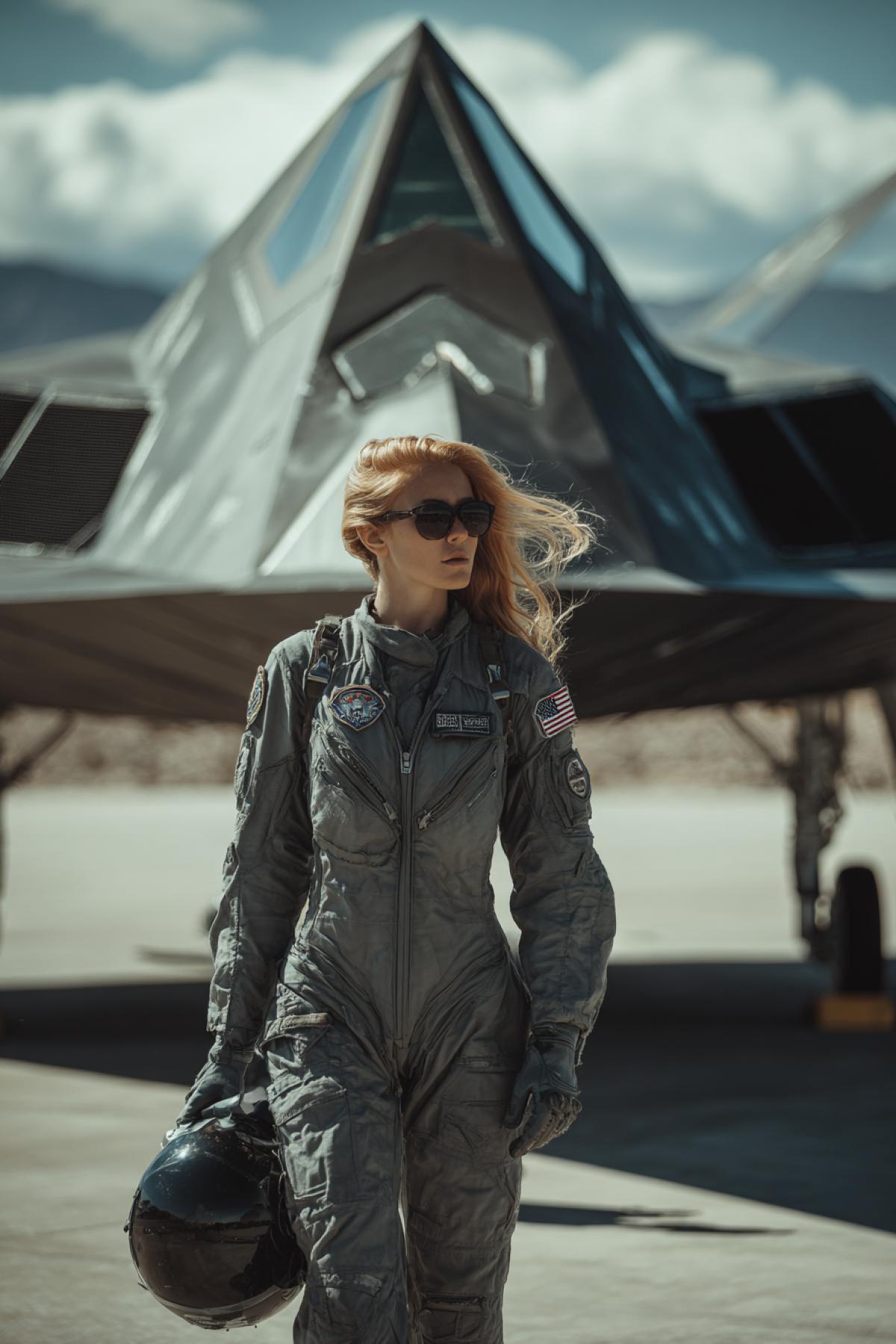Photo.. Beautiful woman a pilot stands near a military aircraft stealth