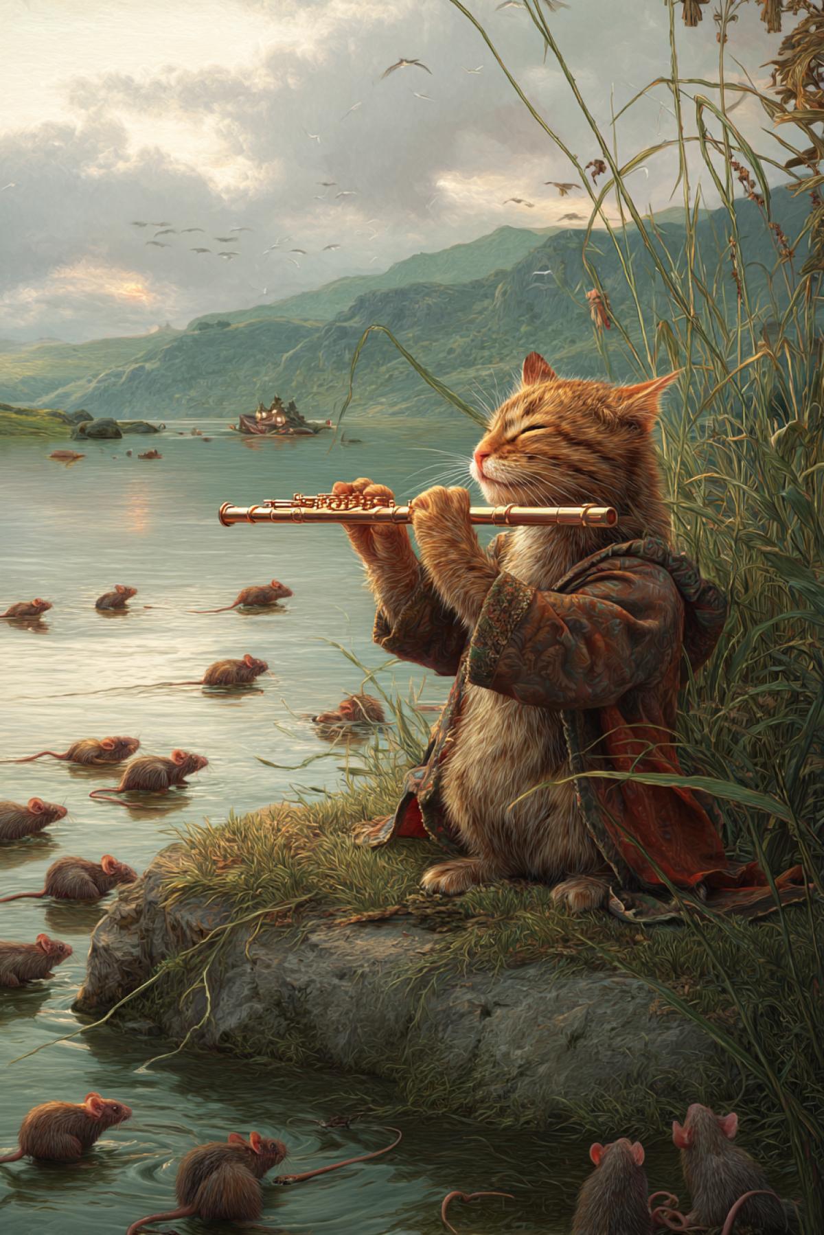 Anthropomorphised sophisticated tomcat playing flute lures dozens of hypnotized rats into river like rattenfänger von hameln breathtaking art