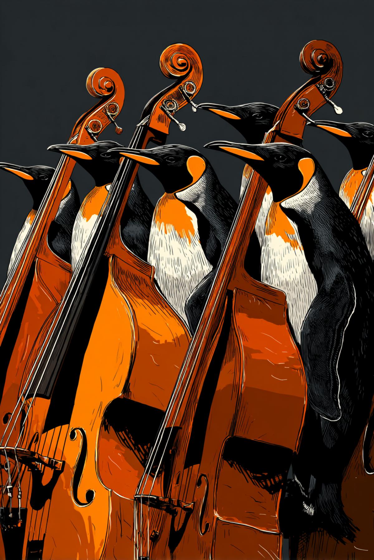 Ten emperor penguins playing doublebasses arco with bows high contrast full colour graphics art --no background