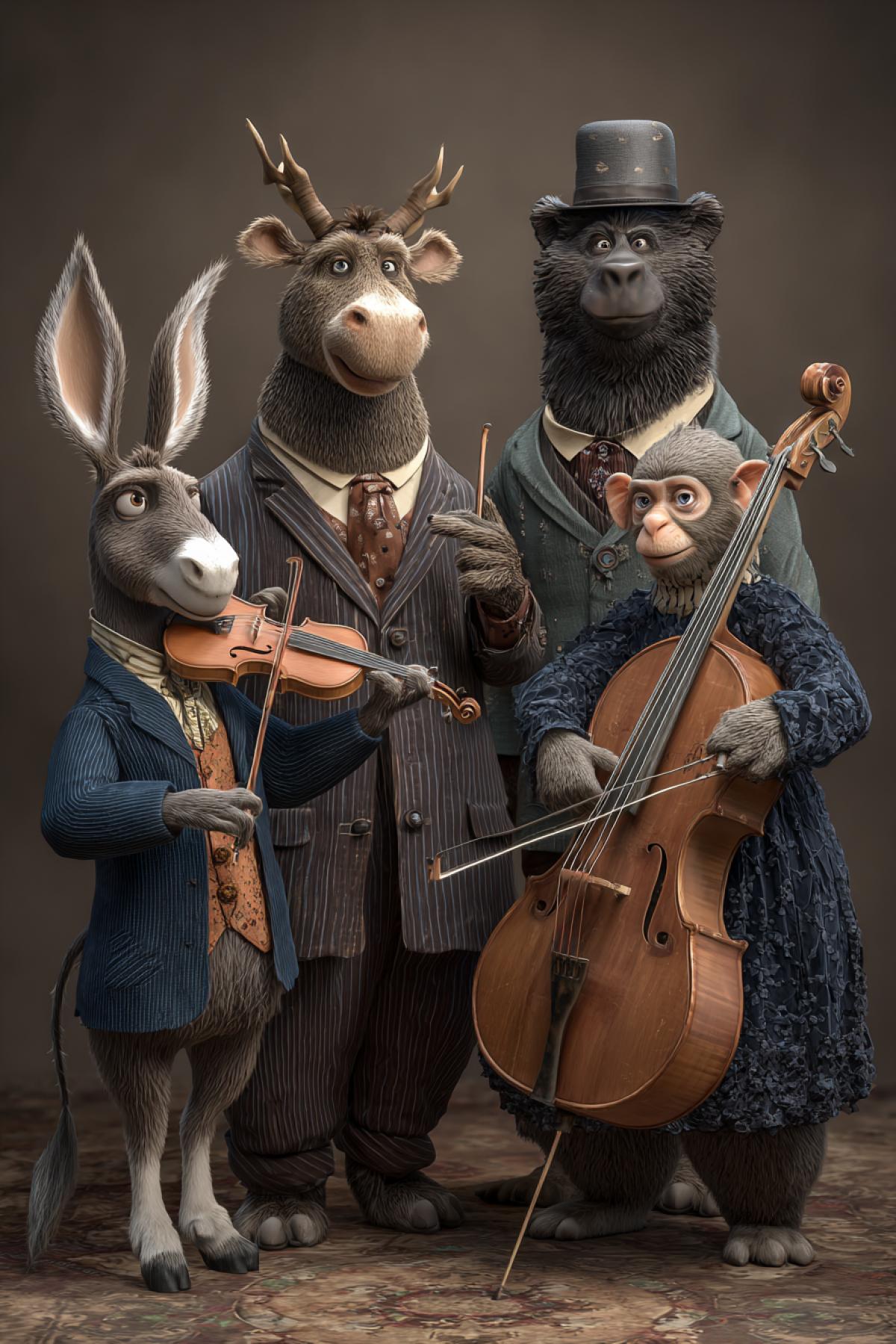 Classic strings quartet of four players anthropomorphised donkey with violin ibex with viola bear both doublebass monkeymarmosette with alt ironic Pixar 3d illustration