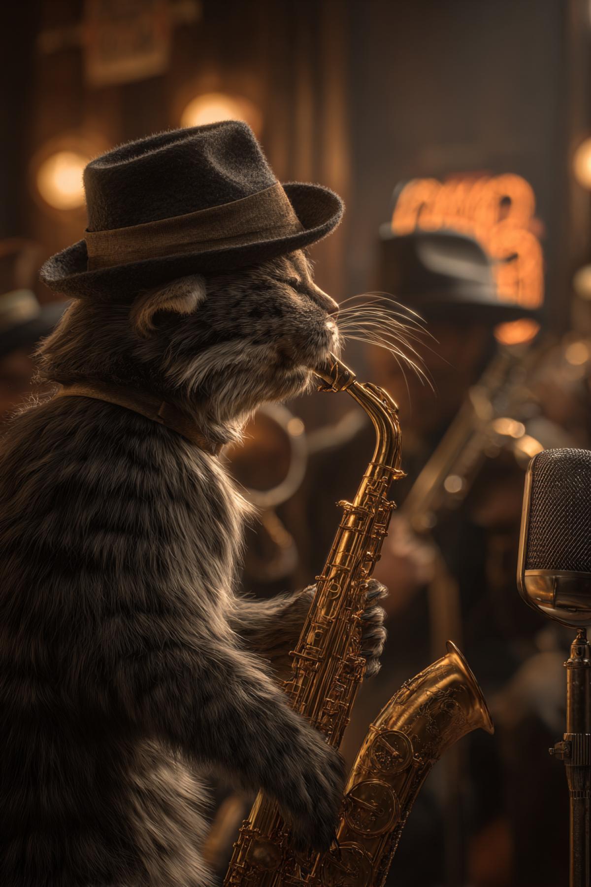 A smooth gray tabby cat wearing a tiny fedora, playing a golden saxophone in a smoky 1920s jazz club. Dim amber lighting, vintage microphone, other animal musicians in the background. Hyper-realistic, cinematic atmosphere, neon reflections on brass, ultra-detailed fur texture, 8K render, style of classic noir films