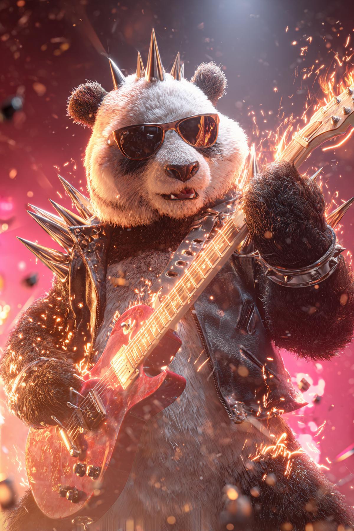 A big panda with spiked collar and sunglasses shredding a flaming electric guitar on a concert stage, crowd of animal fans cheering. Explosive neon pyro effects, dynamic 4k, fur detailed with sweat and motion blur, ultra-realistic 16K, rock poster style, dramatic spotlight, guitar sparks flying
