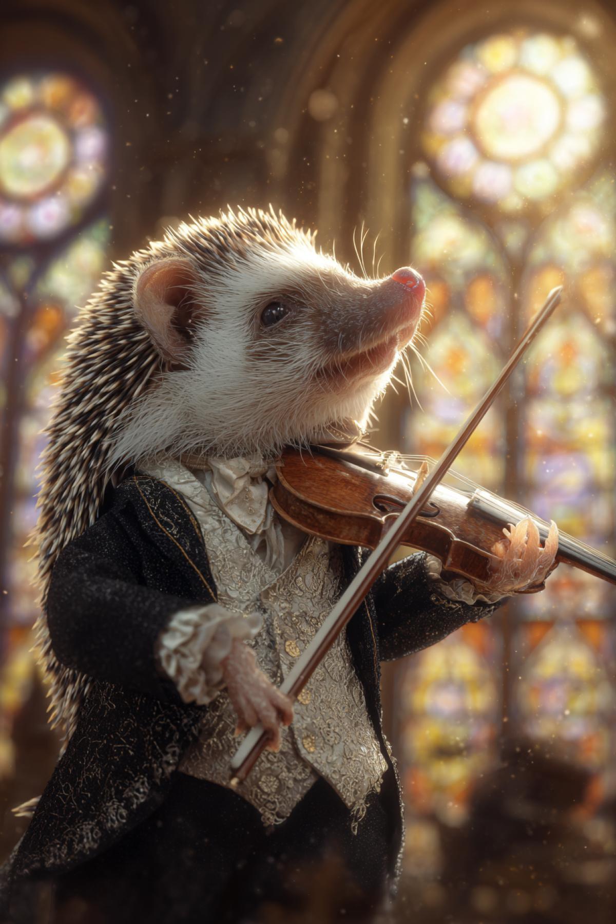 A tiny hedgehog in a miniature tuxedo, ately playing a Stradivarius violin in an ornate European concert hall. Golden light filtering through stained glass, dust particles in the air, detailed quills and wood texture, baroque architecture, hyper-realistic close-up, mood of a Renaissance painting