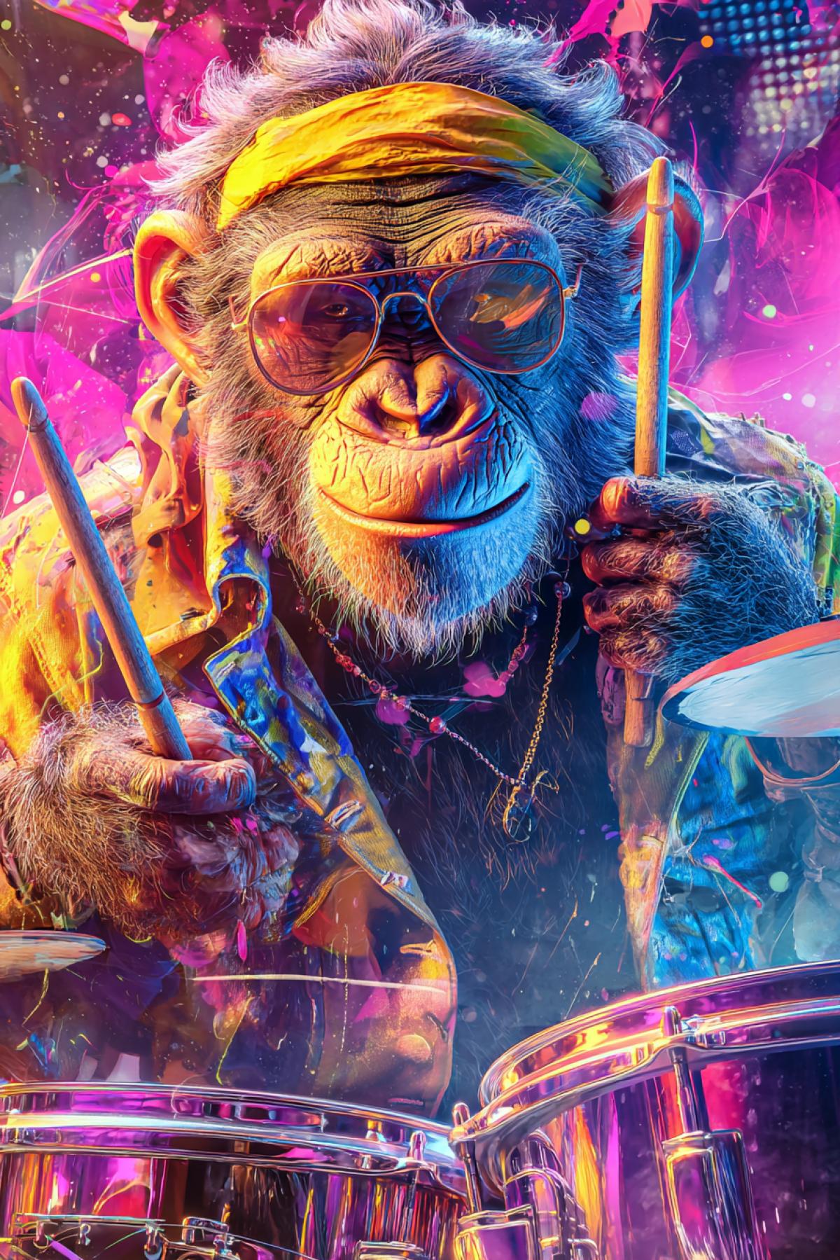 A cool chimpanzee with sunglasses and a headband, drumming like a maniac on a neon-lit 70s funk stage. Disco ball reflections, colorful smoke, dynamic motion blur on drumsticks, other animal musicians grooving in the background. Ultra-vibrant colors, 8K hyper-detailed, style of a vintage vinyl cover