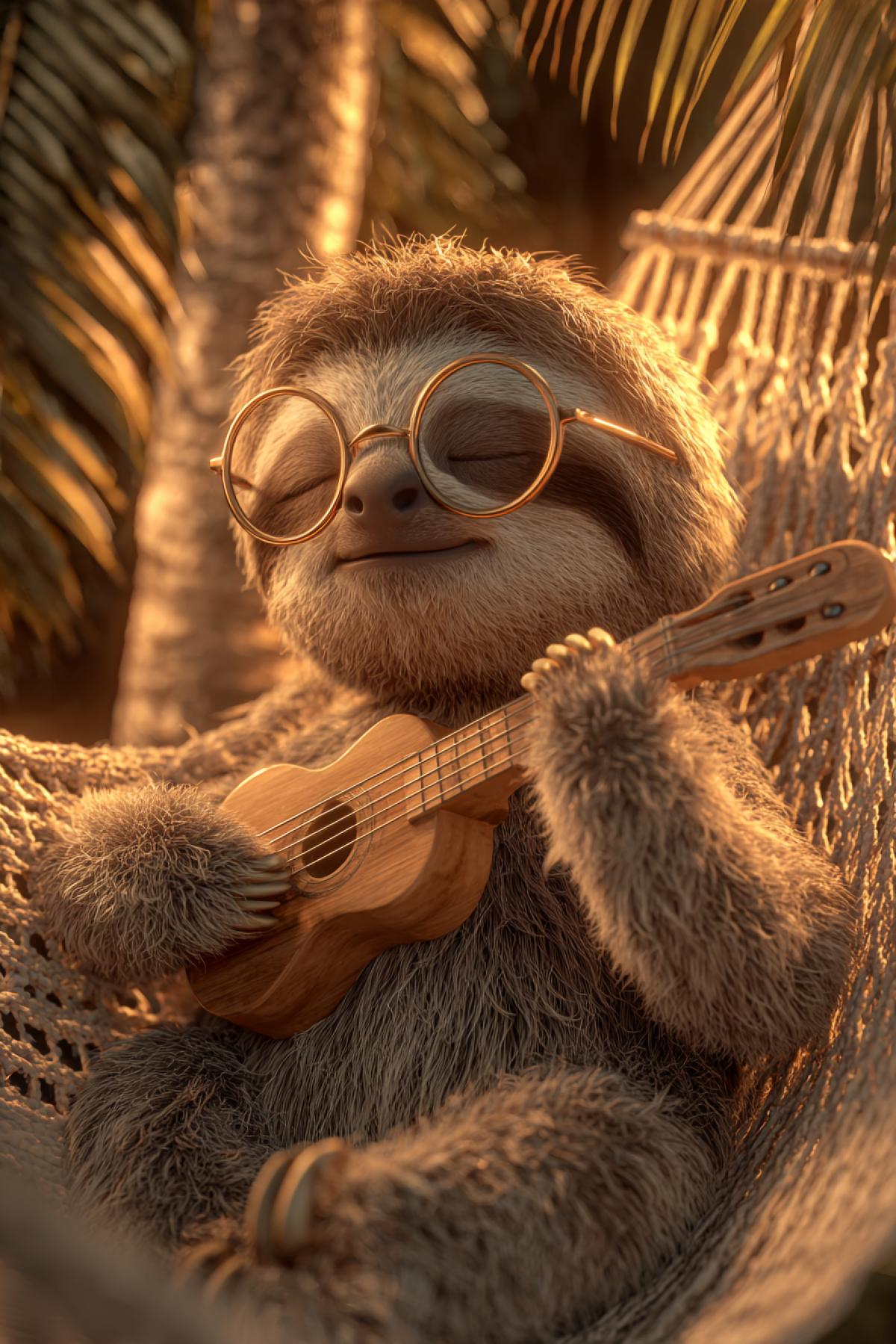 A sleepy sloth wearing round hipster glasses, lazily strumming a tiny ukulele while hanging from a tropical tree. Golden sunset light, palm leaves in the background, hammock swaying gently, detailed fur texture, soft bokeh effect. Cozy, whimsical atmosphere, 4K render, style of a Lo-fi music album cover