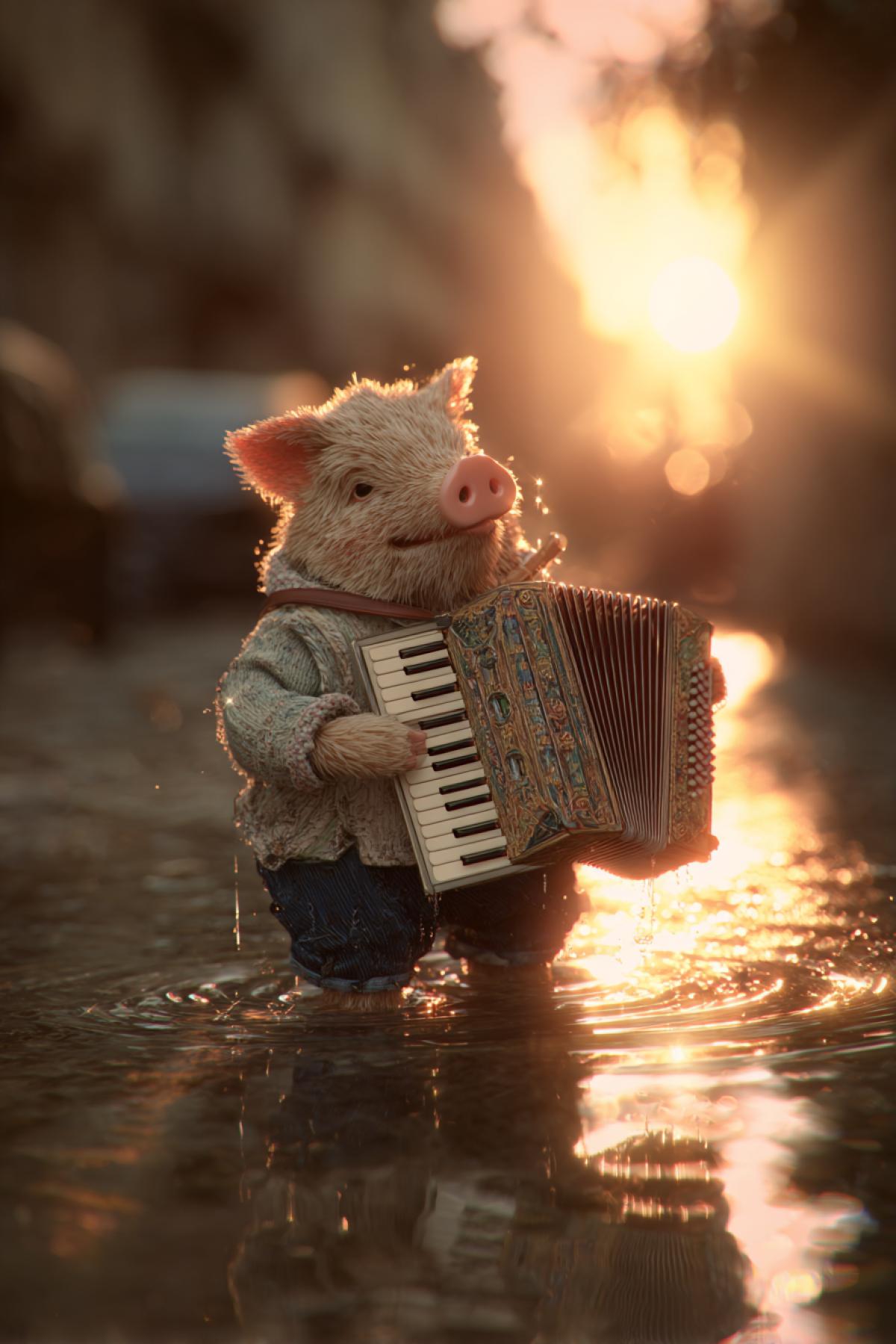 In a puddle, a pig playing the button accordion in the rays of the sunset sun!