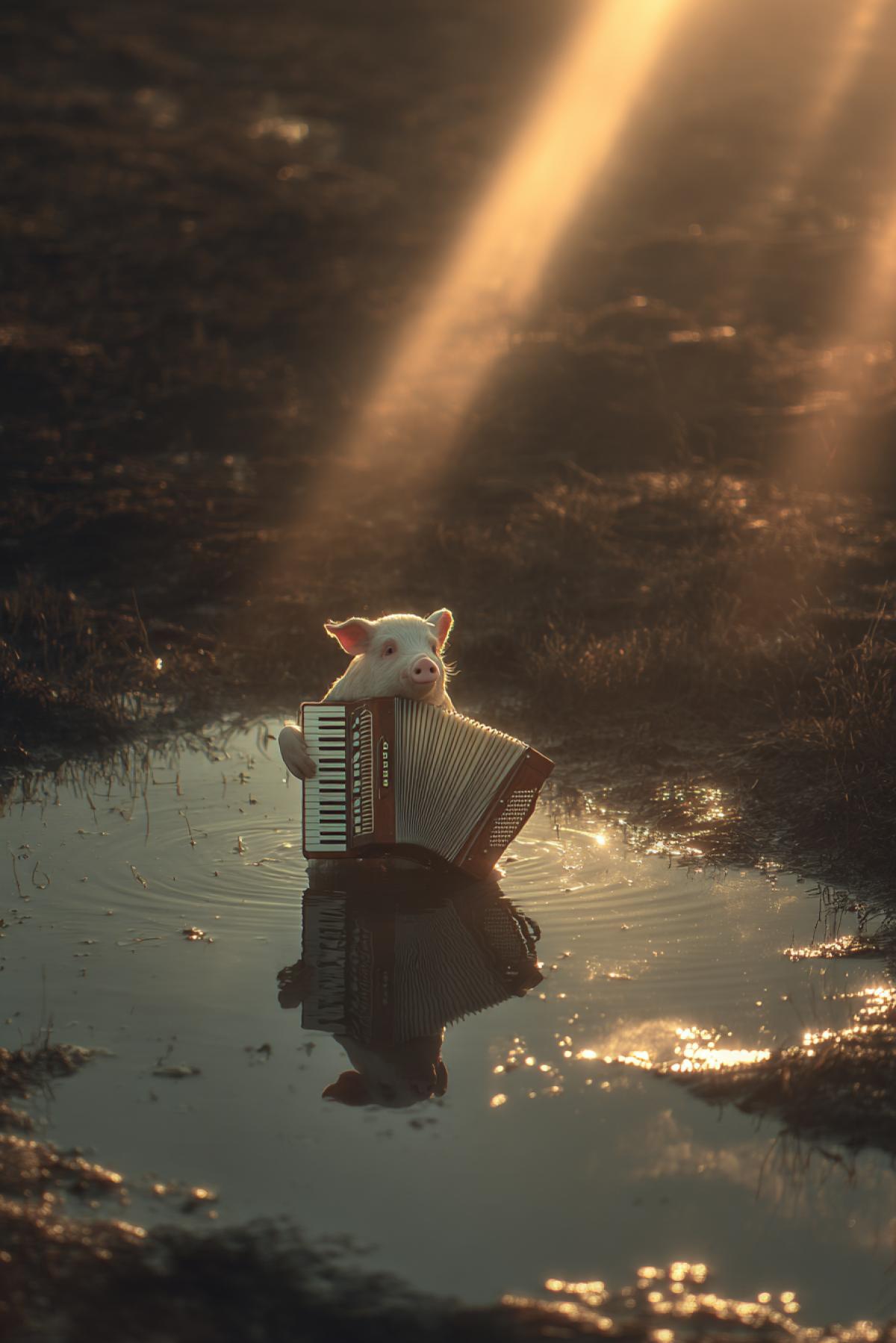 In a puddle, a pig playing the button accordion in the rays of the sunset sun!