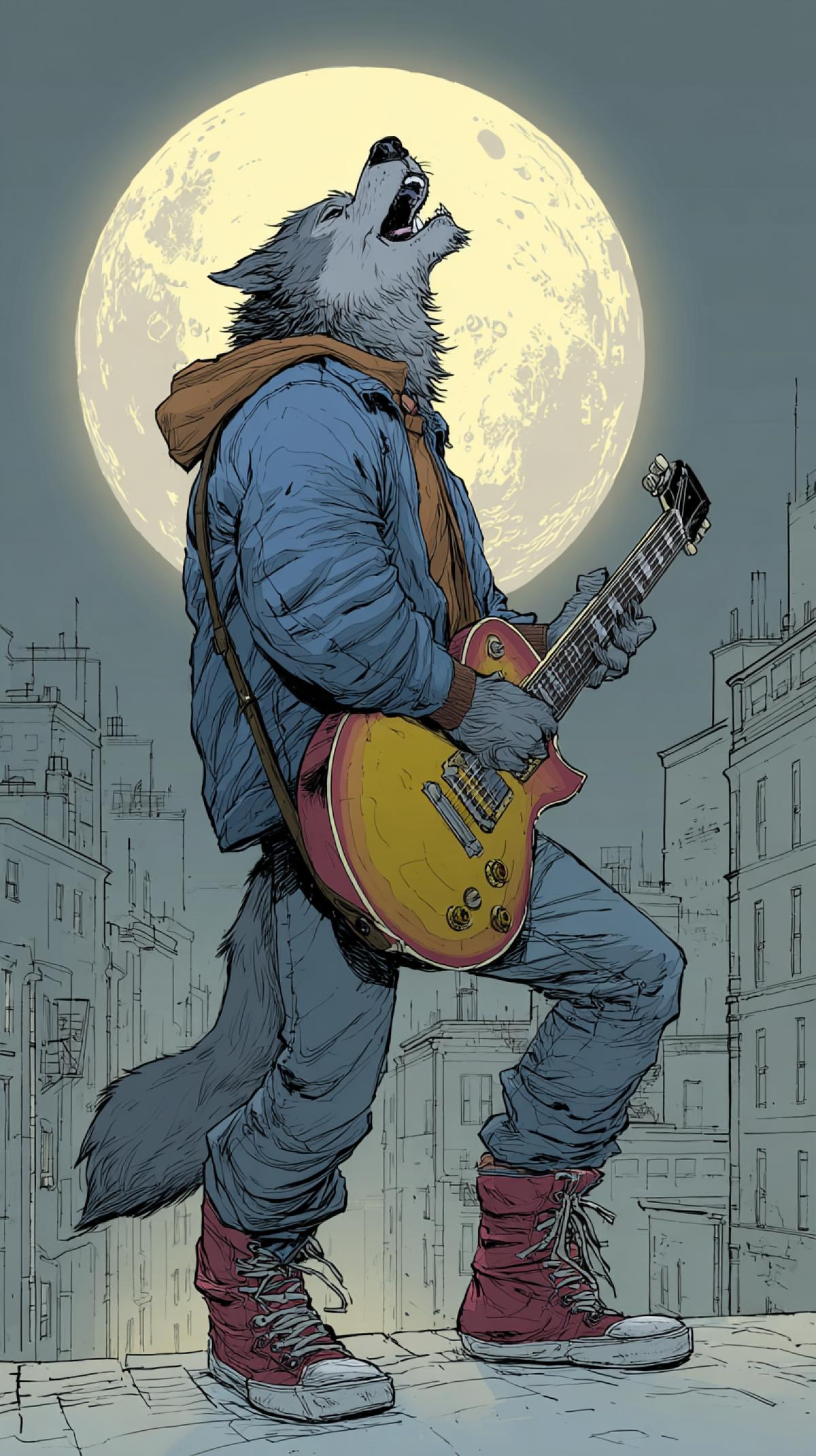 An anthropomorphic wolf plays the guitar and howls at the moon, wearing a jacket and jeans, in a cityscape, hard flash