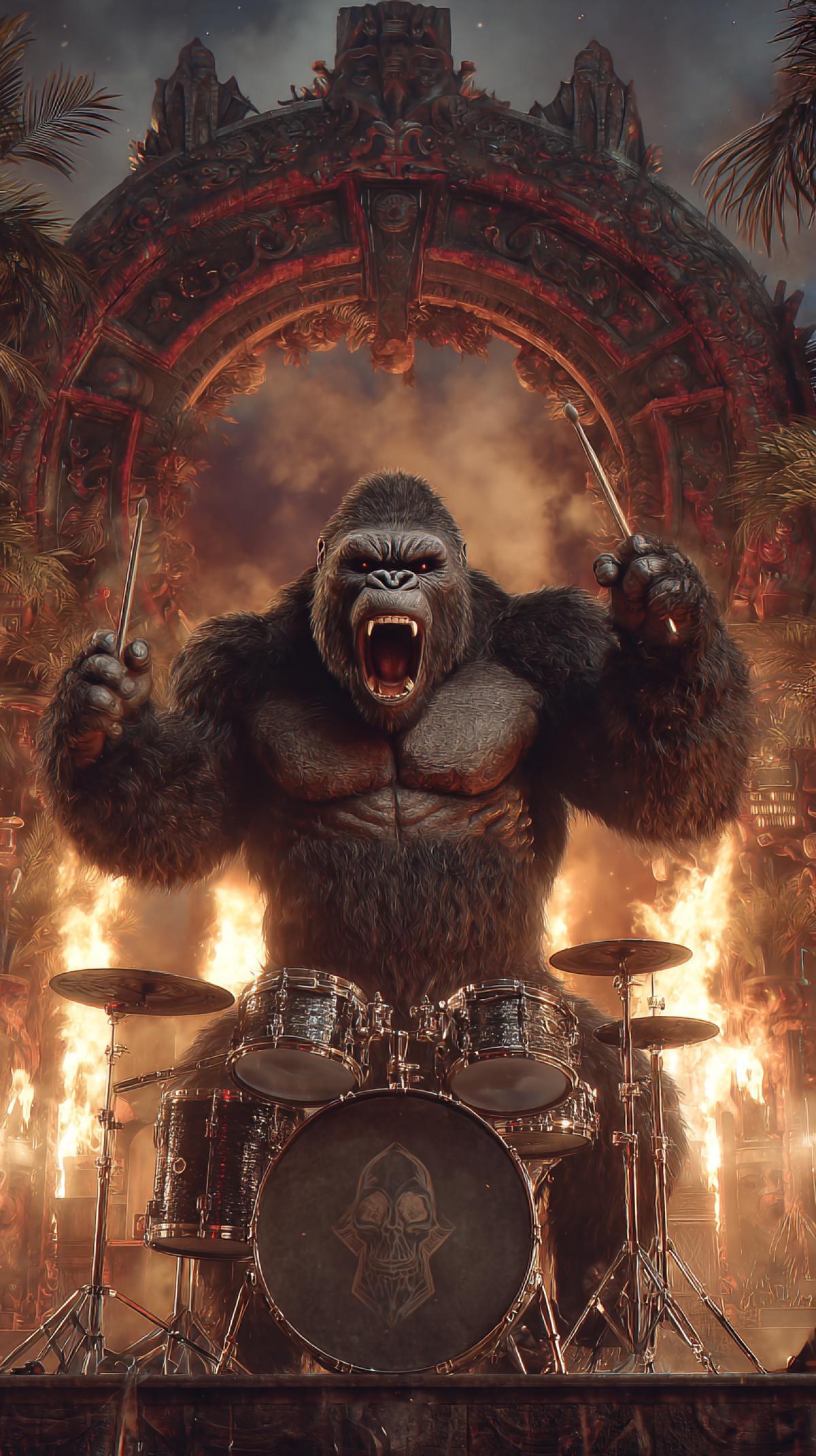 King Kong playing the drums in front of a colossal gate on an exotic island, a dynamic 4k, King Kongs scream, a drum kit with a skull emblem, drumsticks shaped like bones, and flames all around, an epic scene from the movie