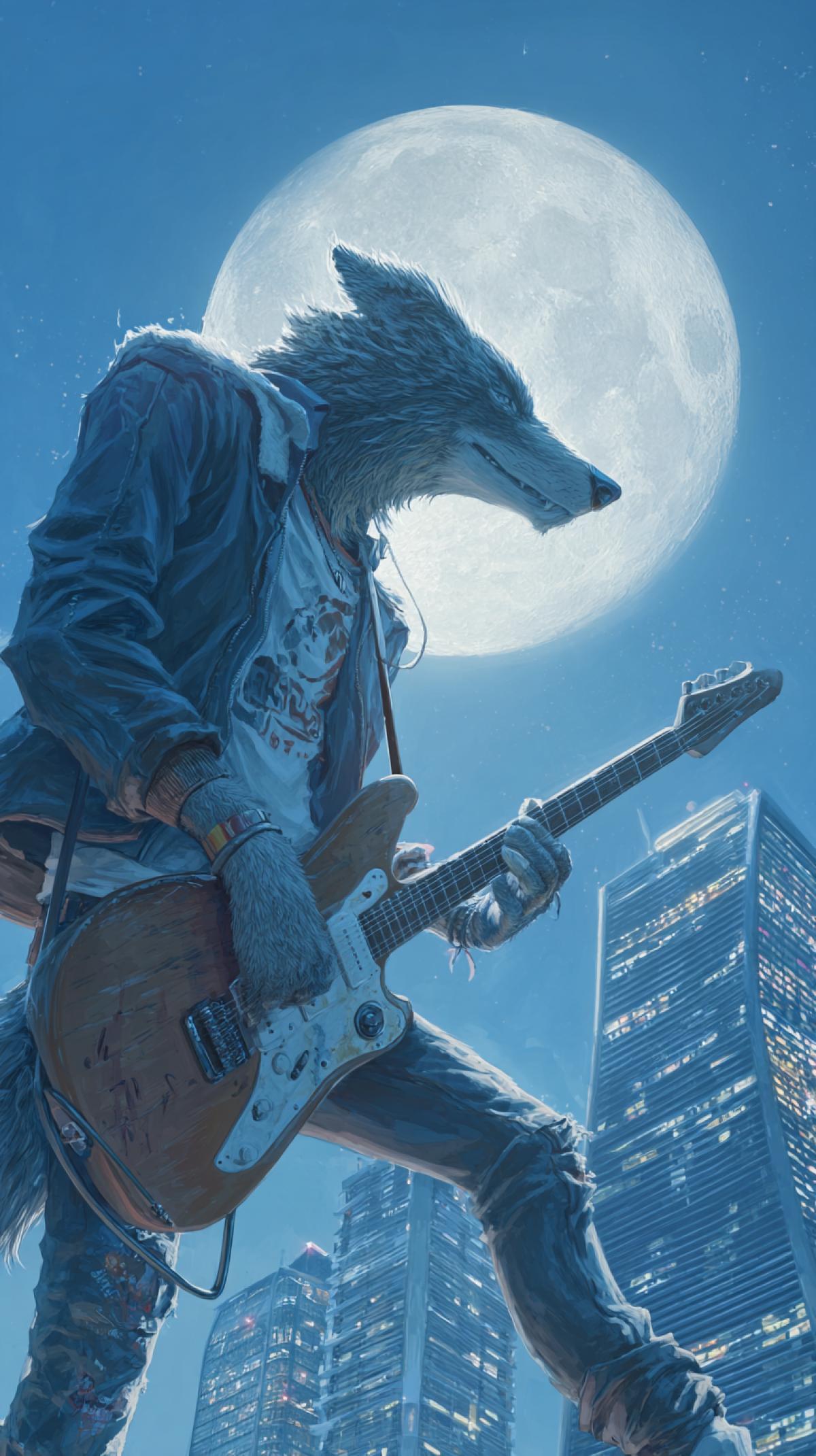 An anthropomorphic wolf plays the guitar and howls at the moon, wearing a jacket and jeans, in a cityscape, hard flash