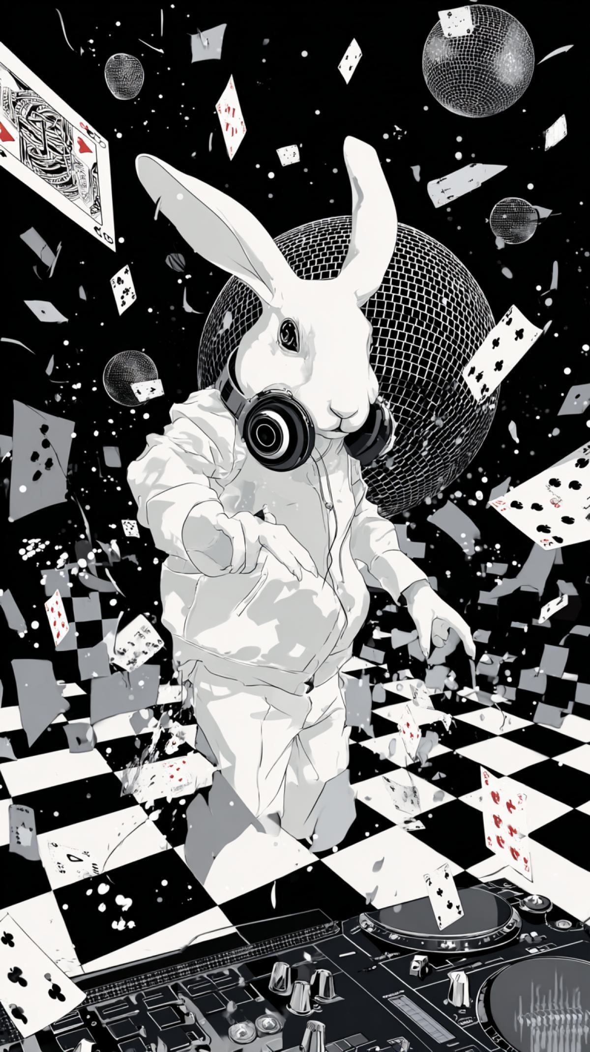 white rabbit DJ, background is a chessboard and playing cards flying in the air, disco ball