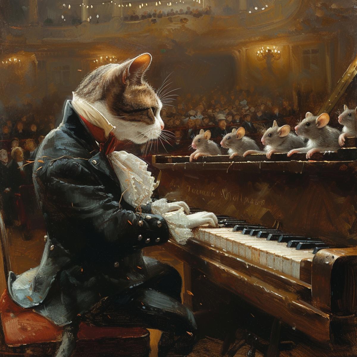 The cat in a concert suit plays piano in the hall. Mice are sitting in the auditorium and listening. High image quality