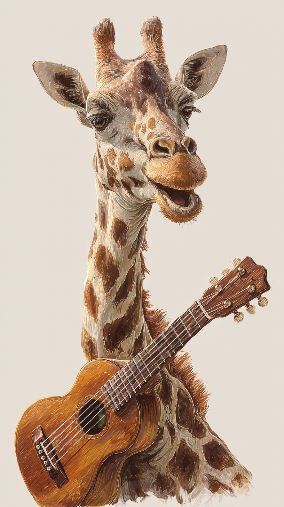 Giraffe playing a small guitar of a UKULEL