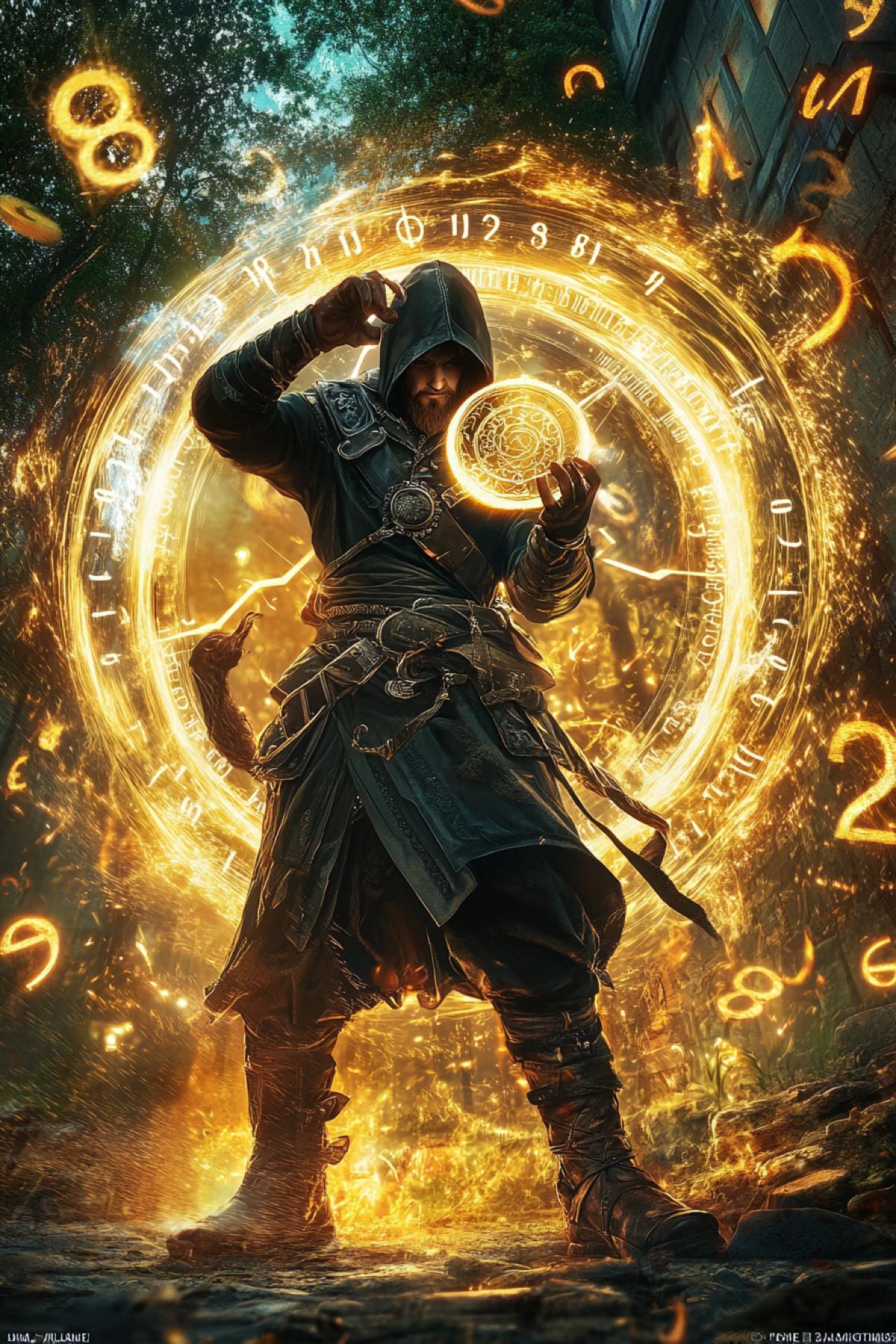 The image of a magical creature standing in the center of the picture. In his hands his time, which he steals from all living things. The wind around forms a storm of numbers