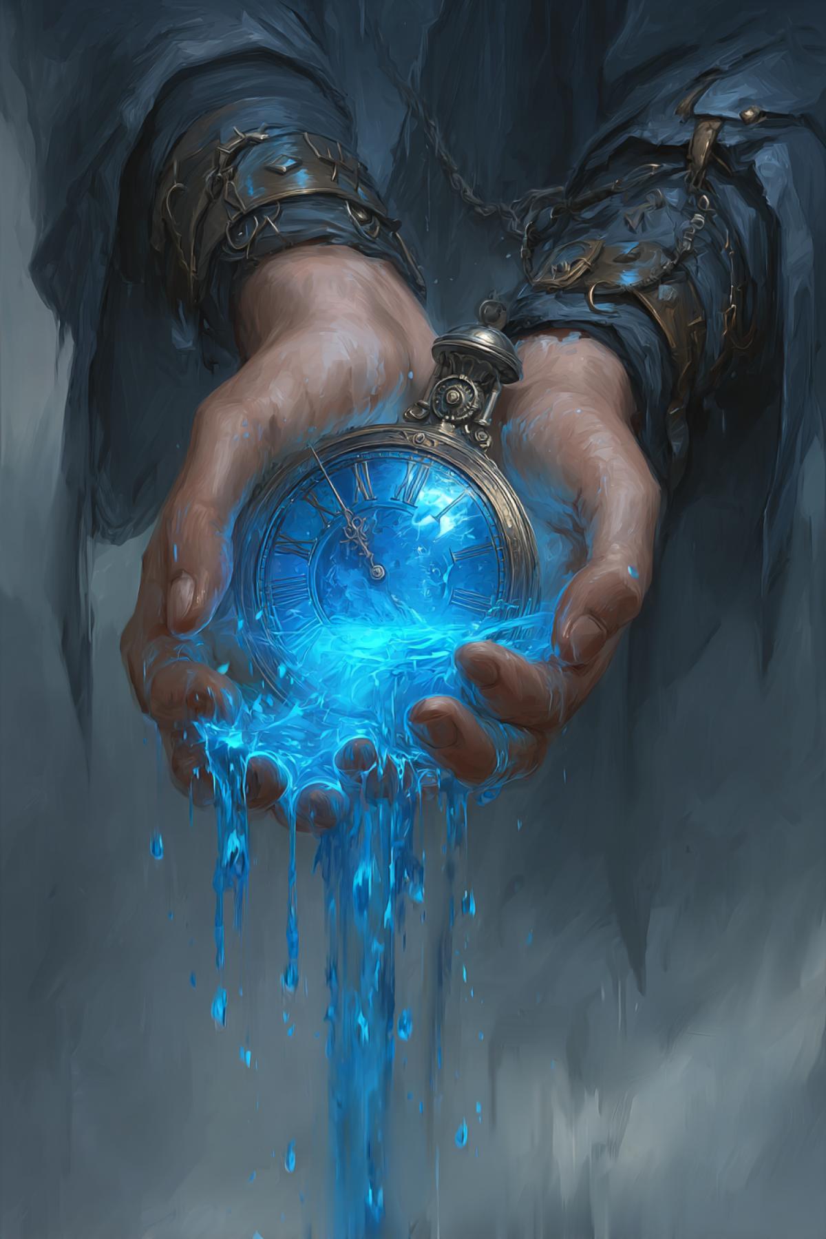 from the glowing celestial dial, time flows in a thin silver stream into a glass flask held in the hands of an evil goblin.