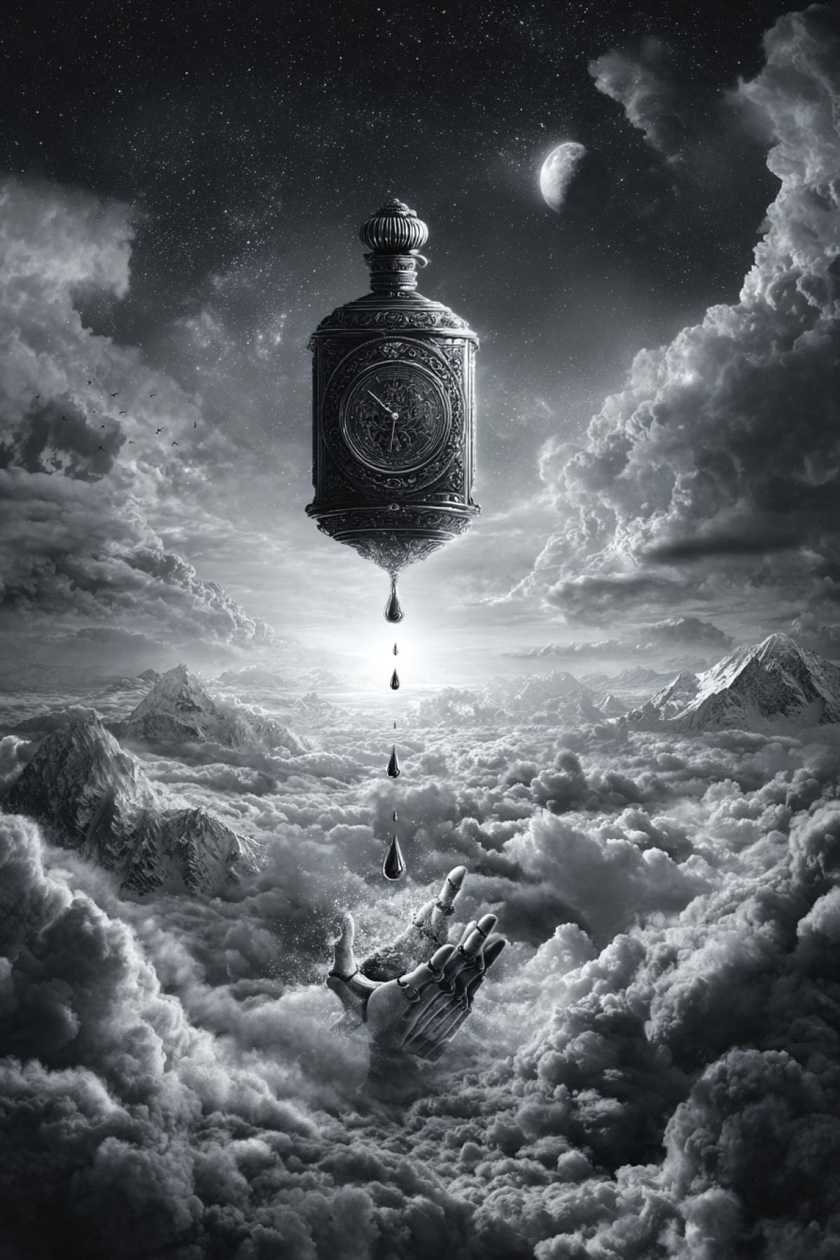 High in the sky shines a big dial, symbolizing our time. From the dial, silver drops of time drip down. Below, these drops are collected in a glass flask by a bony hand