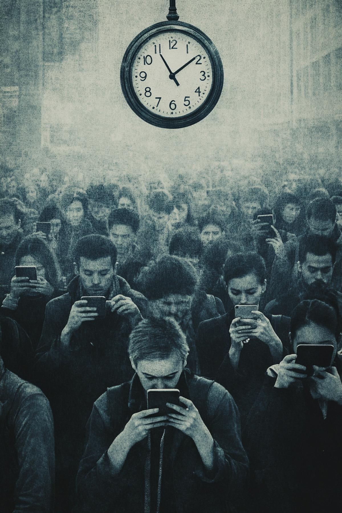 Many people buried themselves in the phone, they see nothing around. A clock hang over them. All in gray tones.