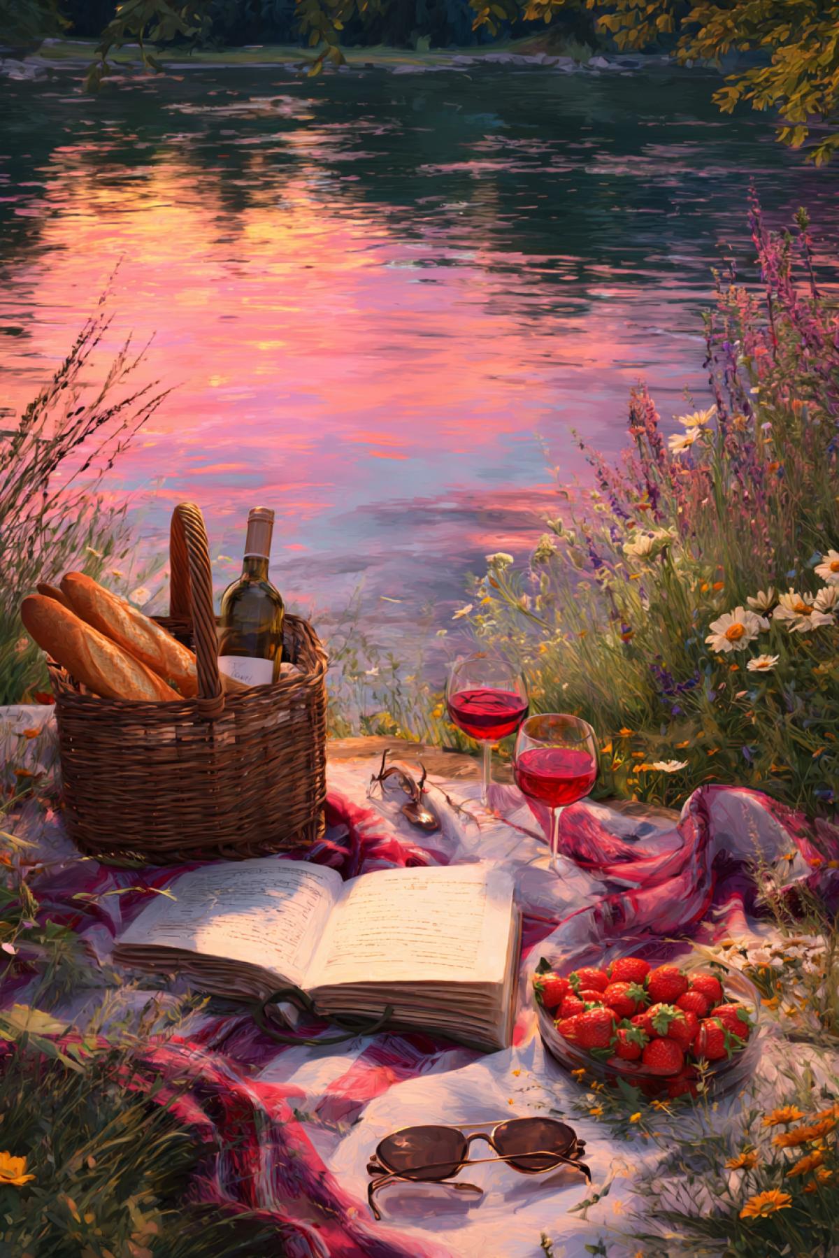 A cozy lakeside picnic at golden hour: wicker basket with fresh baguettes and wine, strawberries on a checkered blanket, wildflowers scattered around. The water reflects the pink and orange sunset, soft ripples distorting the colors like a Monet painting. A vintage book and sunglasses left casually on the blanket, dragonflies hovering above. Warm, dreamy atmosphere, oil brushstroke texture, 8K ultra-detailed, nostalgic and peaceful.