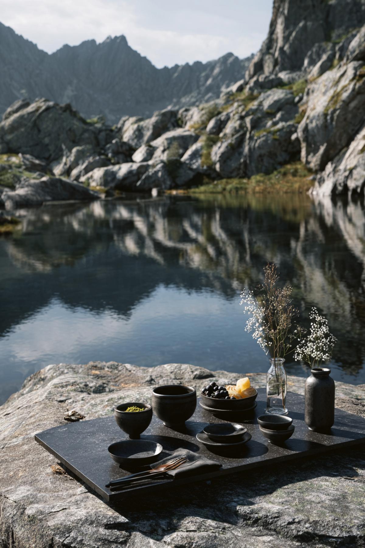 A minimalist alpine picnic by a crystal-clear mountain stream: sleek dark granite slab as a table, artisan ceramics with matcha and fresh fruit, a single wildflower in a thin vase. The icy water mirrors the jagged peaks, crisp air visible in the morning light. Scandinavian aesthetic, muted tones, ultra-high detail, 16K realism, ‘Kinfolk magazine’ style.