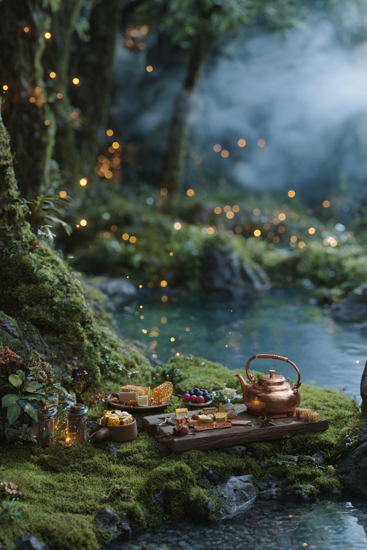 A magical riverside picnic in an enchanted forest: moss-covered rocks, glowing fireflies at dusk, a wooden board with artisan cheeses and honeycomb. A copper teapot steams next to wild berries, and the clear river water shimmers with bioluminescent algae. Ethereal fog drifts between ancient trees, fairy lights twinkling in the branches. Fantasy realism, 12K render, style of a Studio Ghibli film with hyper-detailed nature
