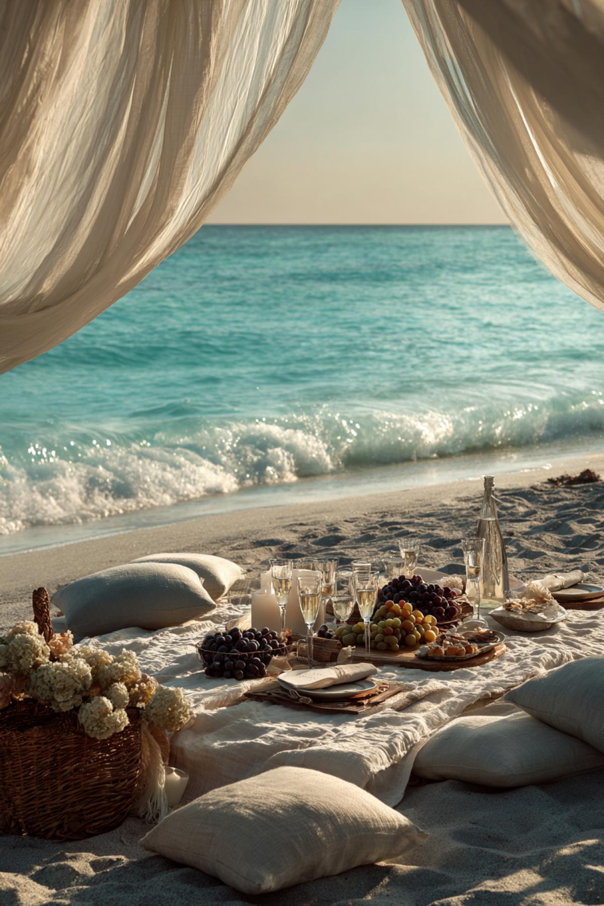 A chic beach picnic at sunset: a long linen tablecloth with a bulk of fresh oysters, grapes and champagne, smoothly flowing into turquoise waves. The tissues of the canopy are fluttering in the wind, creating a silhouette of an ancient gazebo. In the sand, there are luxury tracks leading to the water, where the last rays of the sun turn the sea into liquid gold. Style Elite Resort Journal, 16k HDR, with the effect of wet sand and glare on the crystal