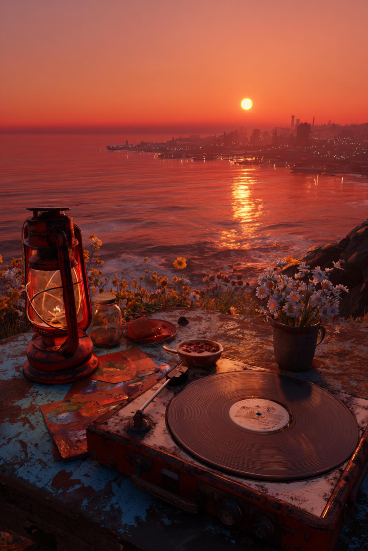The postapocalyptic picnic on the roof of the destroyed lighthouse: the old vinyl plate is spinning on a portable player, the car of the stew is elegantly served with wildflowers in a rusted tin mug. The waves on the cliff are beaten below, and in the distance a halfflooded city. The sunset is red liquid-orange, in the style of cyberpunk, is reflected in the cracked glasses of the lantern. Style Mad Max meets Antoine Watto, 8k, detailed patina of time on all objects
