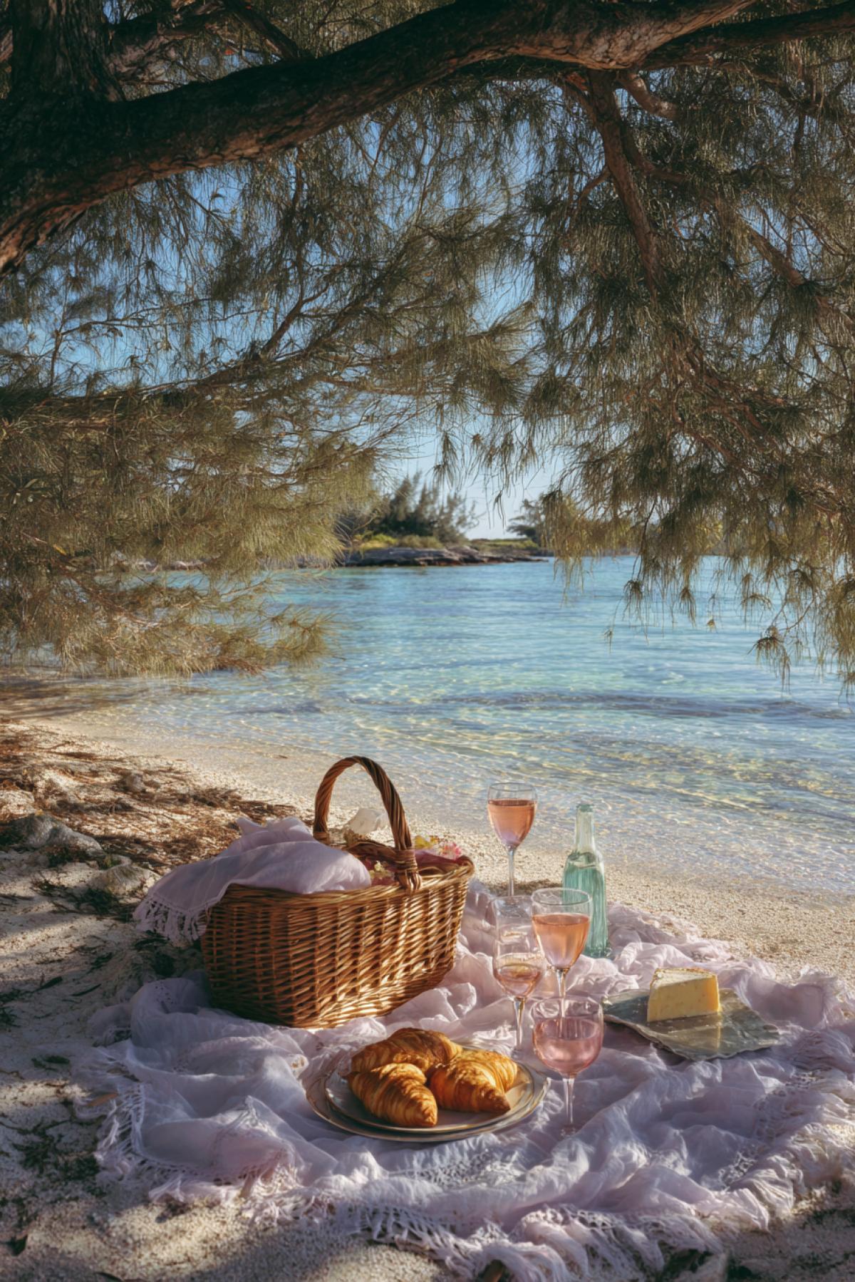 A idyllic picnic on a small private bay: a snowwhite linen tablecloth with lavender rags, a wicker basket with croissants and cheeses, a crystal glass of pink wine in golden sunlight. A small turquoise wave lazily rolls on the sand a stones throw from the spread blanket. The branches of the old olives create a lace shadow, and a light sea breeze is in the air, the swaying edge of the napkin. Style French painting of the 19th century, soft pastel colors, 12k realism with a warm filter effect.
