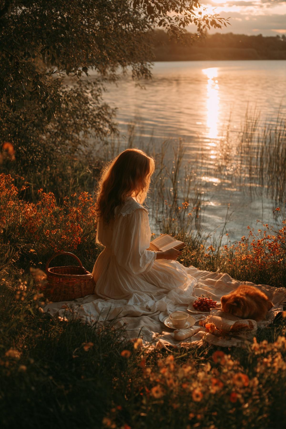 A lonely girl on a sunset picnic by the forest lake: in a white dress that swaying in a light wind, she sits on a spread plane with a book and a cup of aromatic tea. Around scattered field flowers, a basket with grapes and fresh bread, and a red cat is asleep on the edge of the plaid. The last rays of the sun stain water in golden pink tones, creating an atmosphere of peace. Style Poetic Realism with soft watercolor overflows, 8k, the depth of sharpness emphasizes the light sadness and beauty of the moment