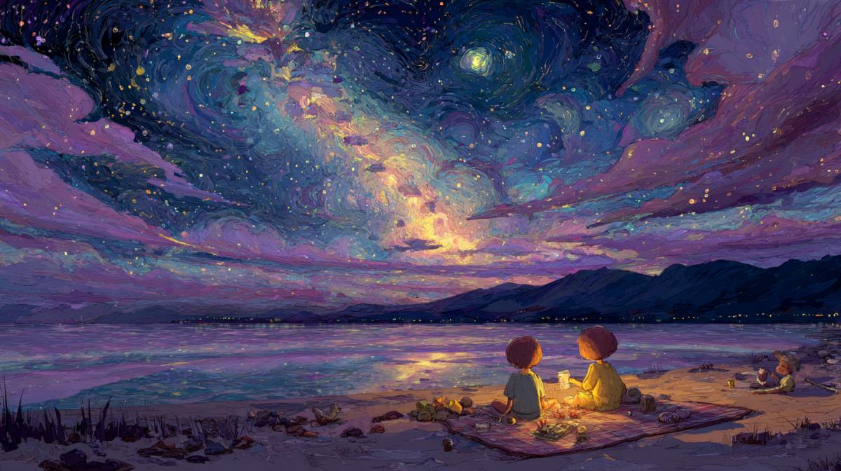 A picnic on the shore of the Milky Way, space, space star river, children of aliens play on the shore, kindness, warm bed tones