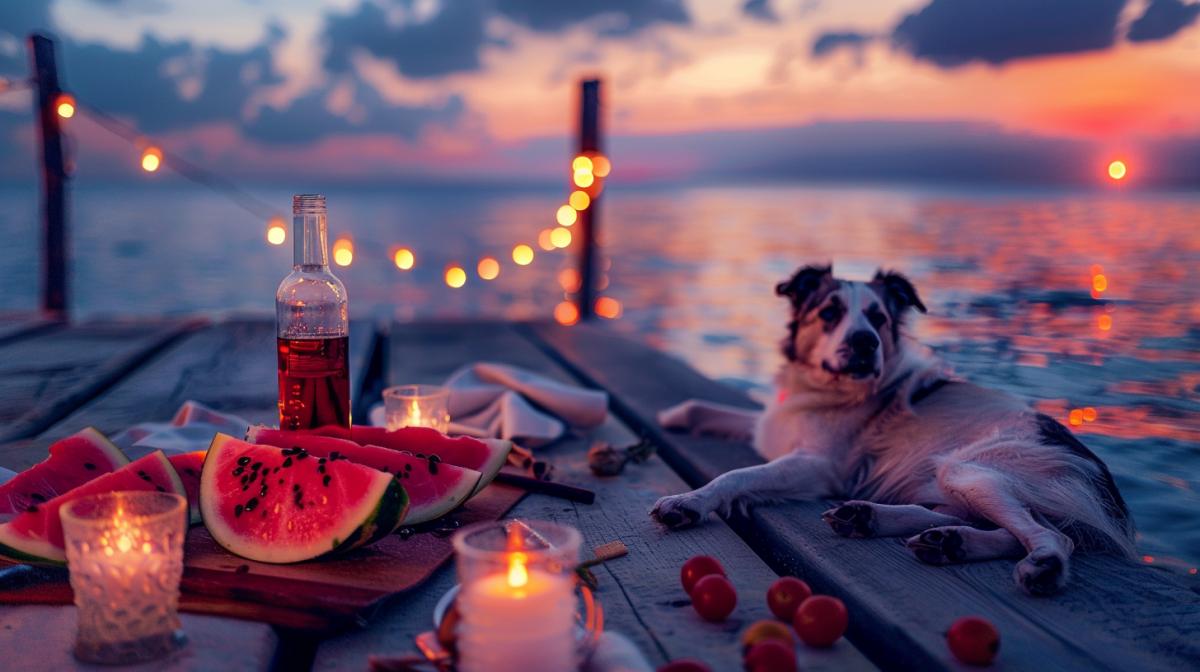 A picnic on the seashore, on the pier, sunset, wine, watermelon slices, lights, romance. The dog is lying. Romantic and beautiful